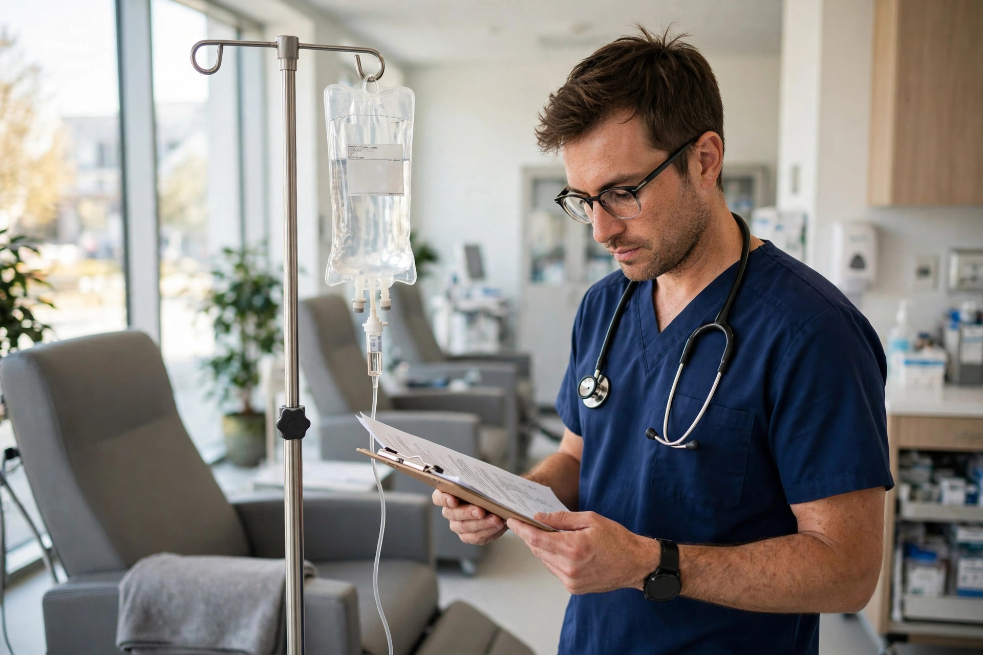 A clinician in a bright modern infusion clinic reviewing a chart beside an IV stand with a clear infusion bag, the patient chair empty (illustrative image)