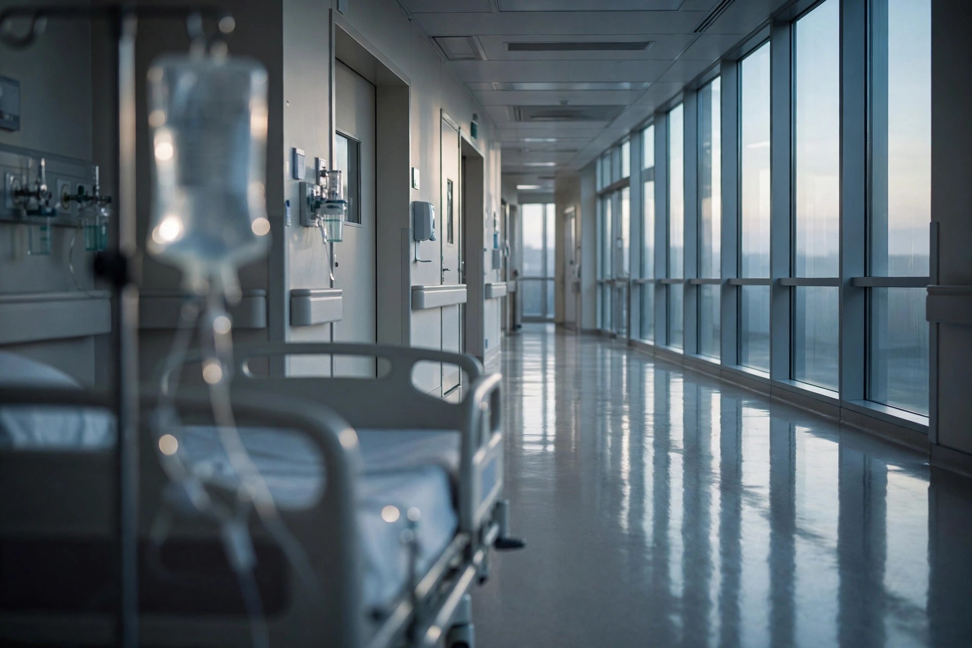 Empty hospital bed with an IV bag in a quiet intensive-care corridor at dawn (illustrative photo)