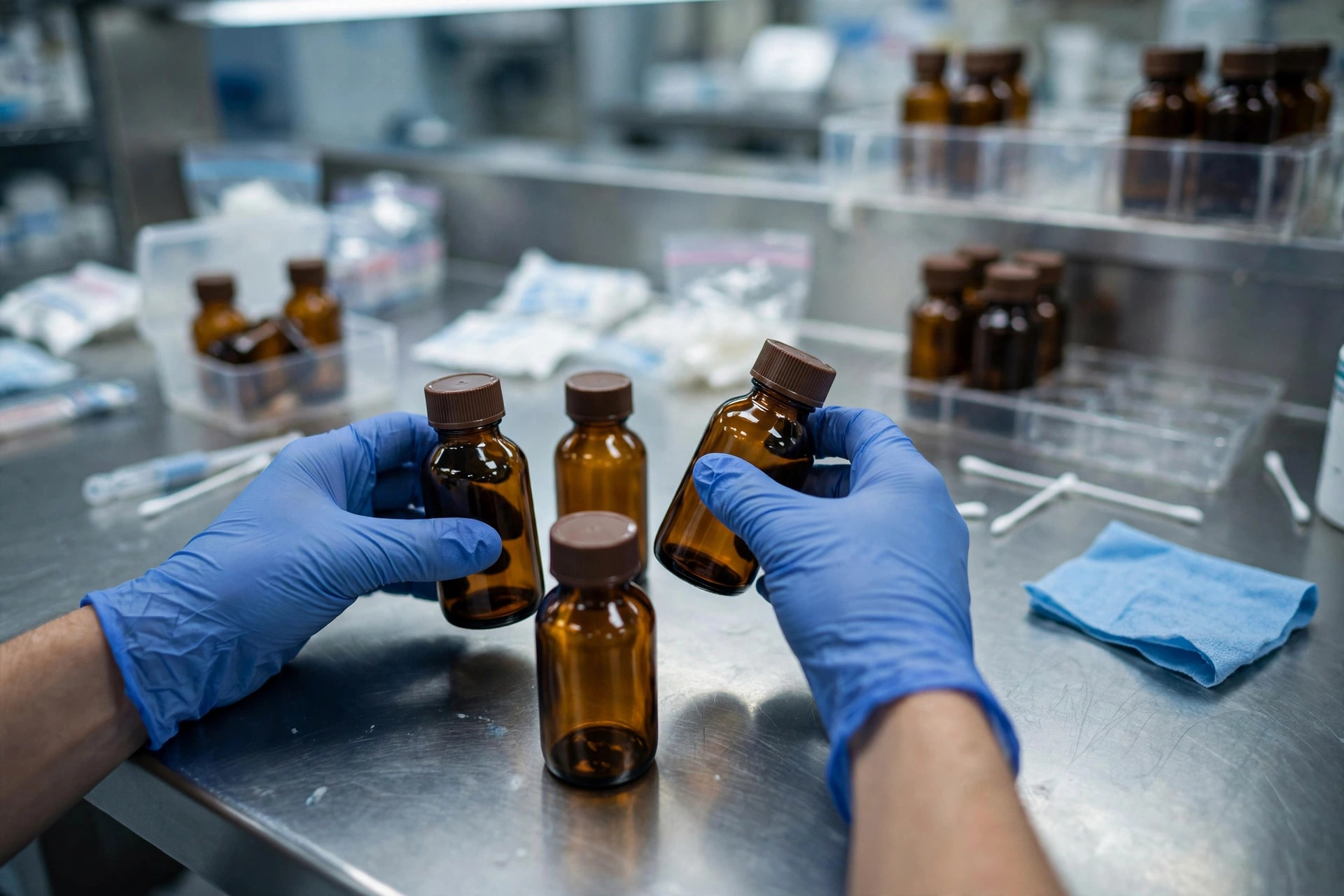 A research pharmacist's gloved hands handling plain clinical-trial medication bottles in a research pharmacy (illustrative image)