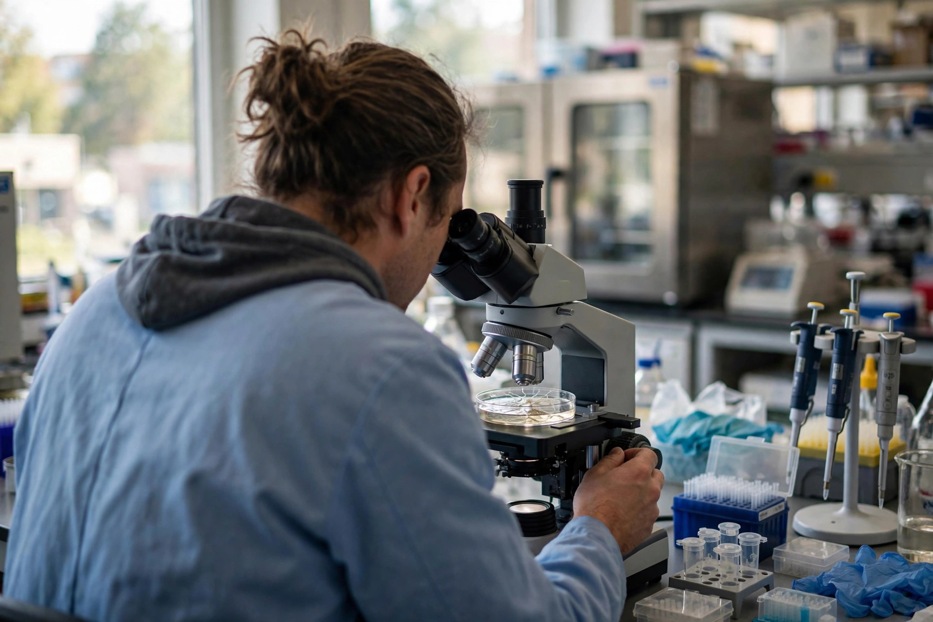 A stem-cell scientist examining a culture dish of growing human neurons under a microscope in a bright laboratory (illustrative image)