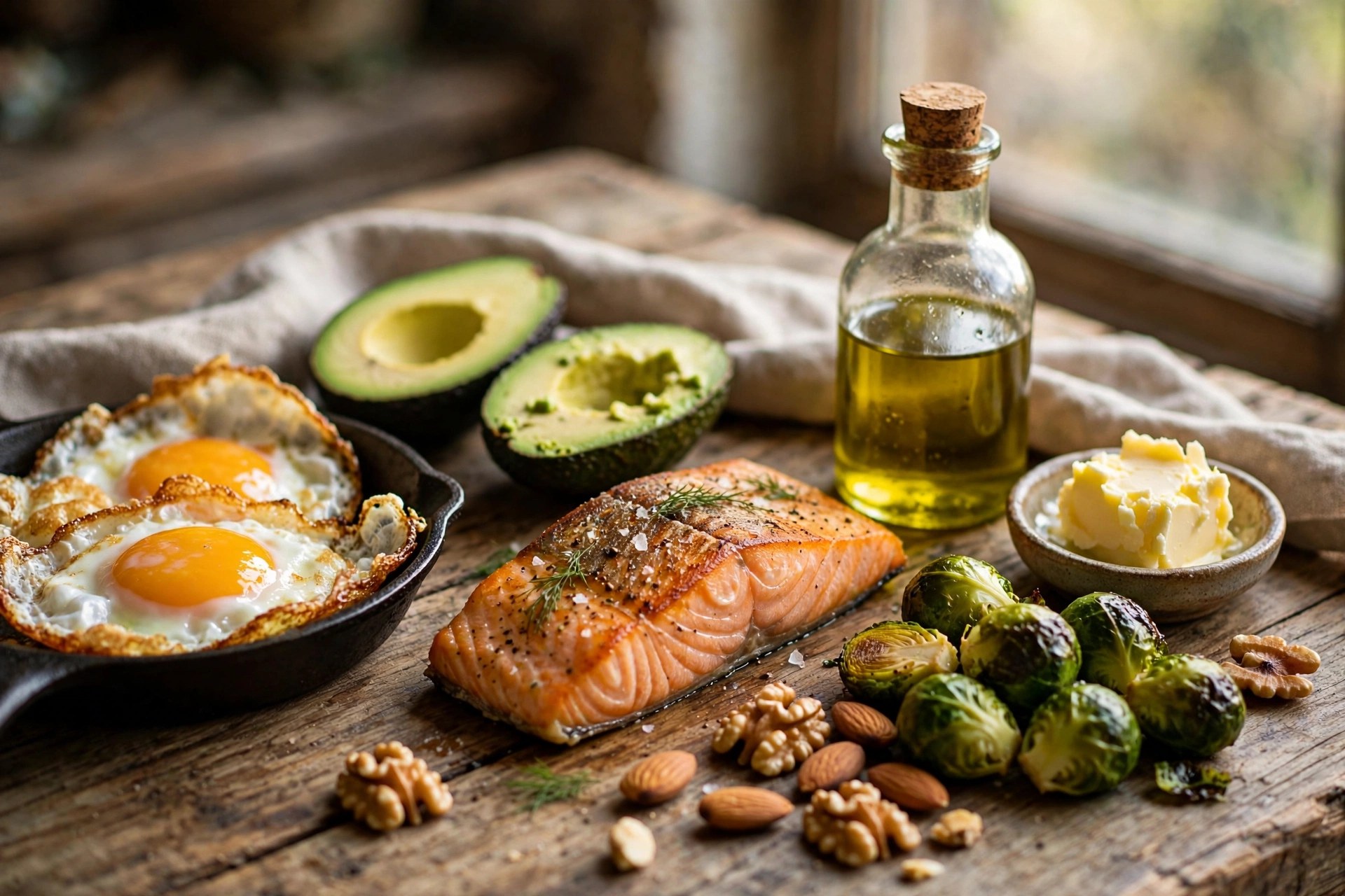Photograph of ketogenic foods — eggs, avocado, salmon, olive oil, butter — on a wooden table; illustrative only, not a dietary recommendation.