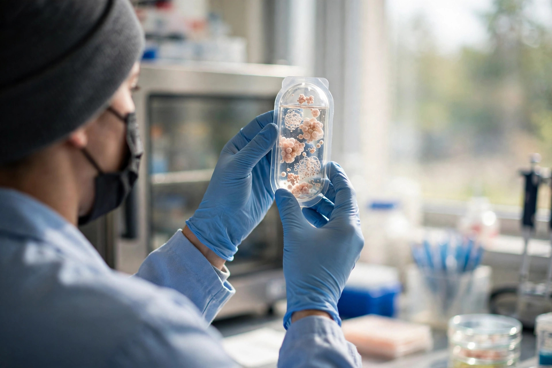 A biotech researcher in a bright laboratory holding a clear capsule device containing living cells up to the light, incubator softly out of focus behind (illustrative image)