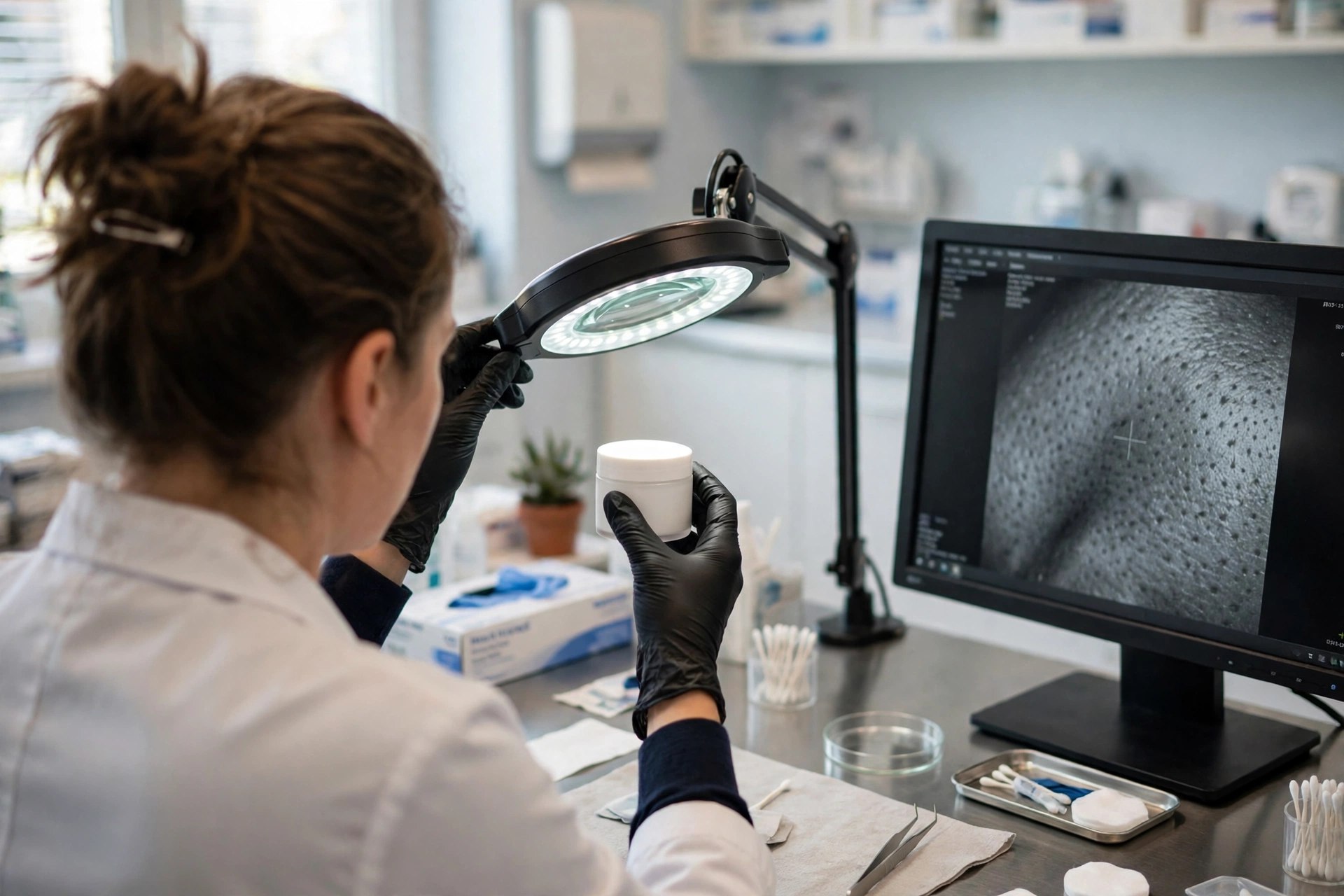 A dermatology researcher in a bright clinic examining a plain unlabeled cosmetic jar beside a magnifying lamp and skin-imaging monitor (illustrative image)