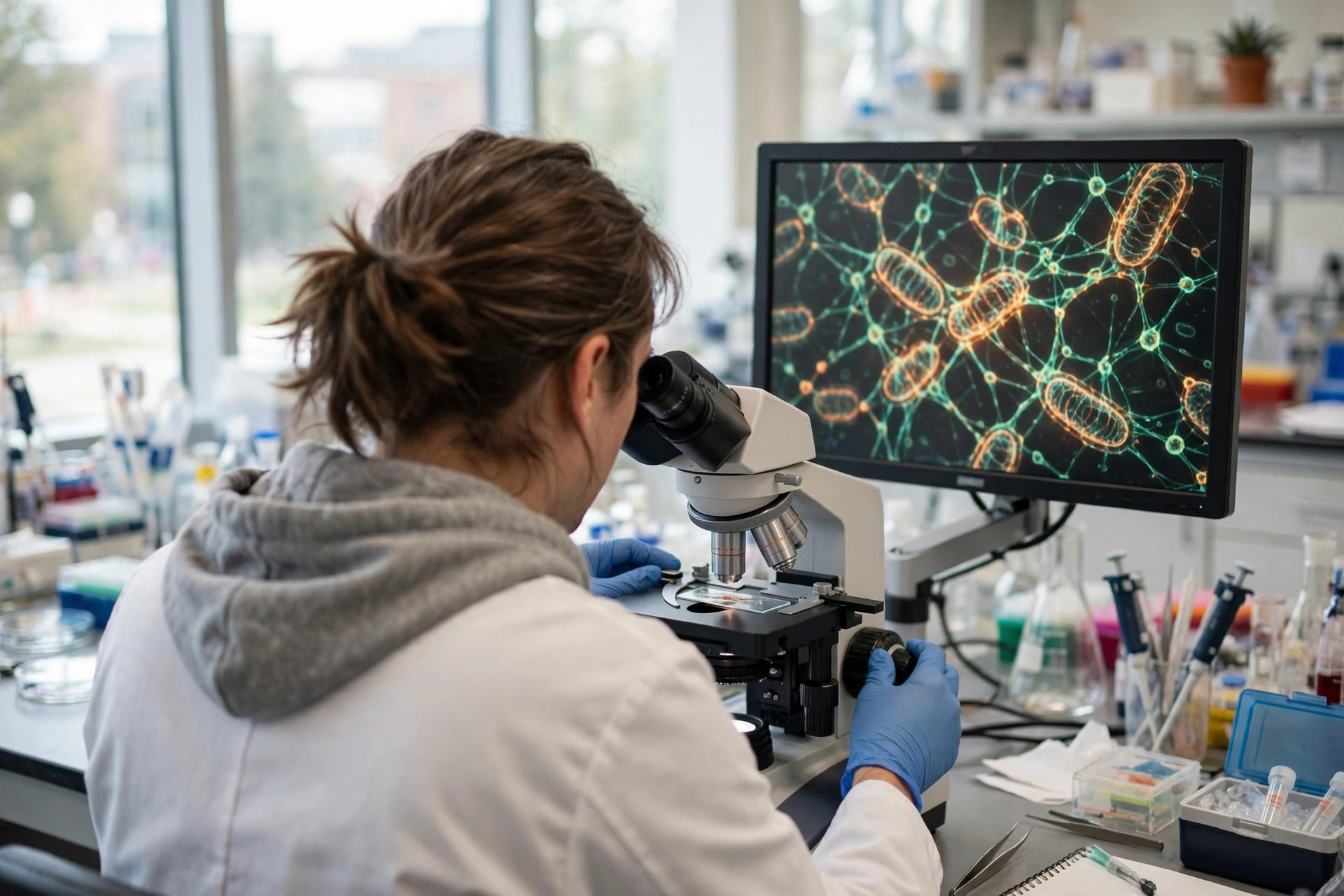 A cardiology researcher in a bright university laboratory examining heart muscle tissue under a microscope, a monitor behind showing glowing mitochondrial networks in heart cells (illustrative image)
