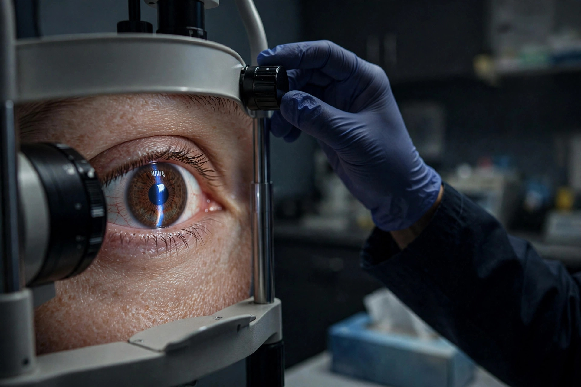 An ophthalmologist examining a patient's eye with a slit lamp in a dim exam room (illustrative image)