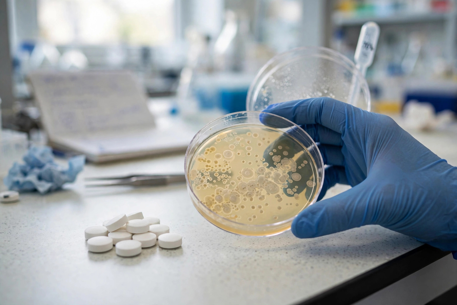 A researcher's gloved hand holding a petri dish of cell culture beside plain unlabeled white tablets on a laboratory bench (illustrative image)