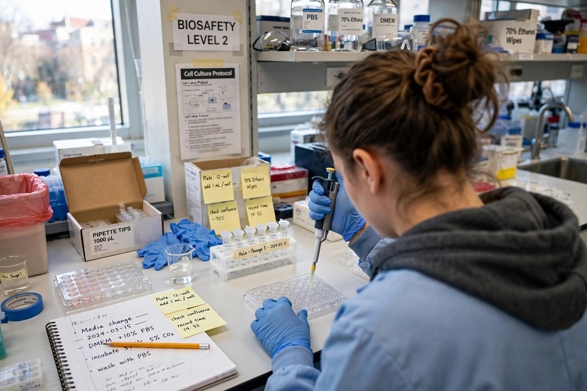 A researcher pipetting into cell-culture plates in a bright lab (illustrative image)