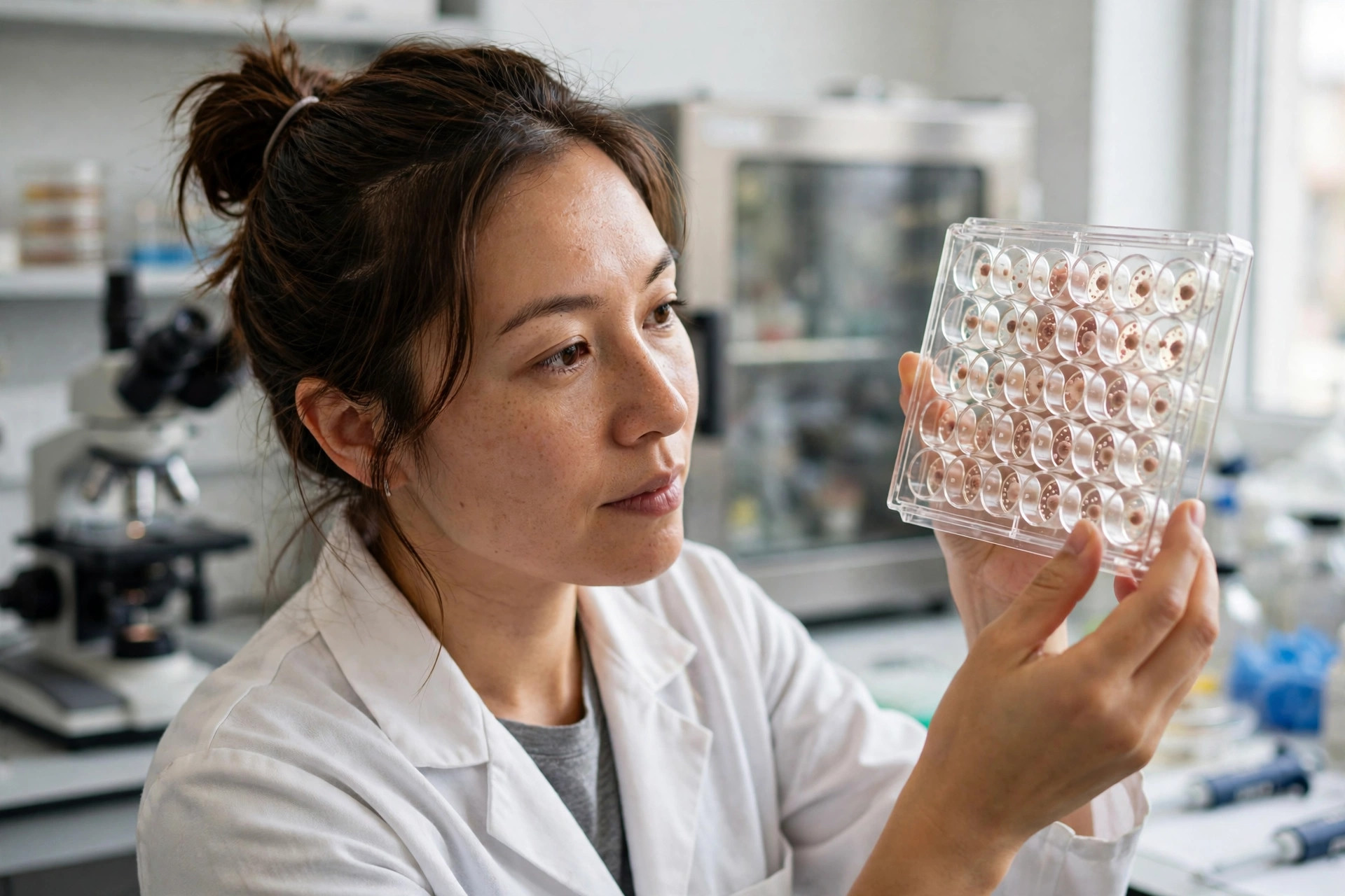 A researcher in a bright laboratory holding a clear multiwell plate of small liver organoid cultures up to the light, microscope and incubator softly out of focus behind (illustrative image)
