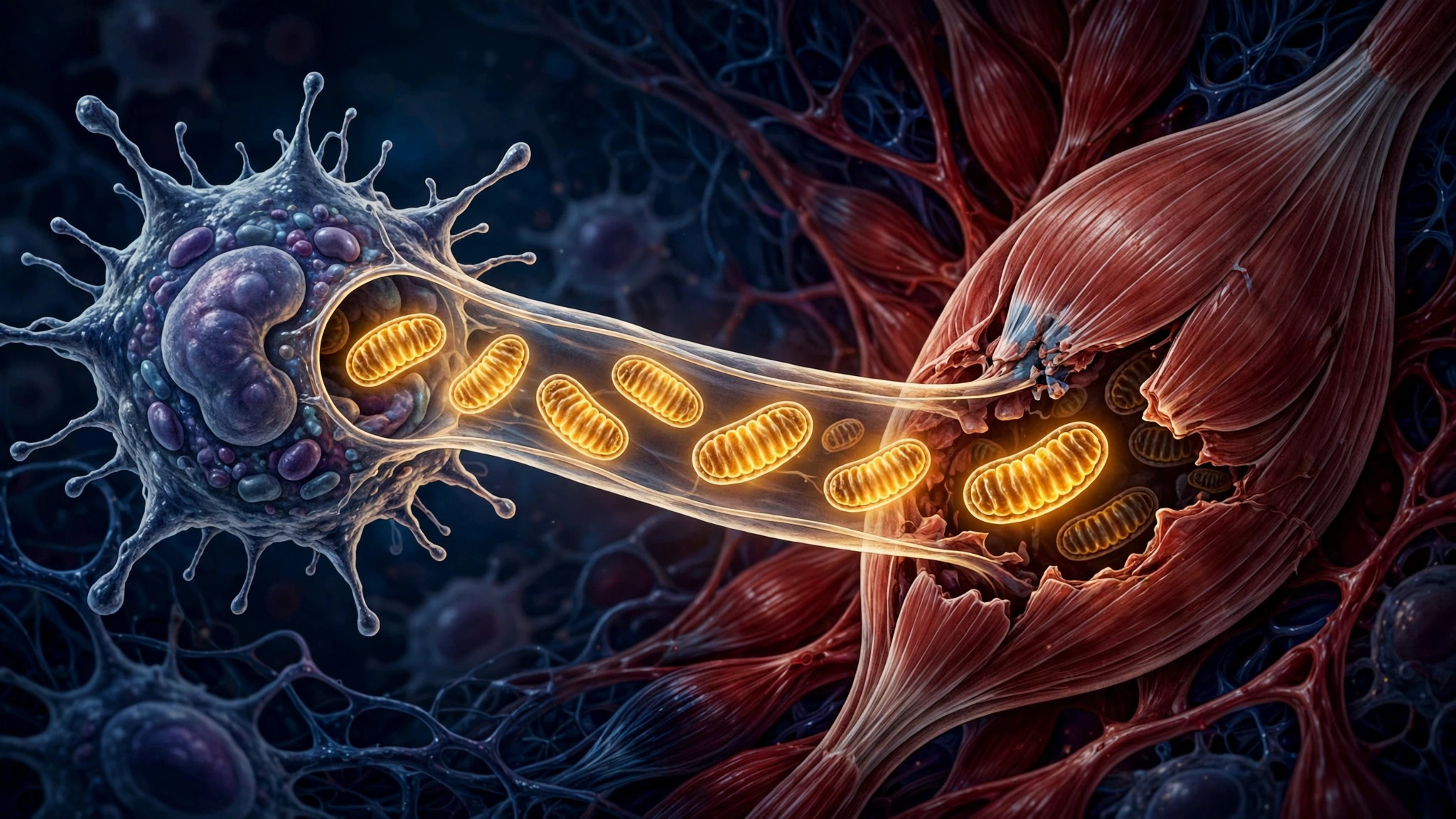 Editorial illustration of a macrophage delivering glowing mitochondria to an injured heart-muscle cell