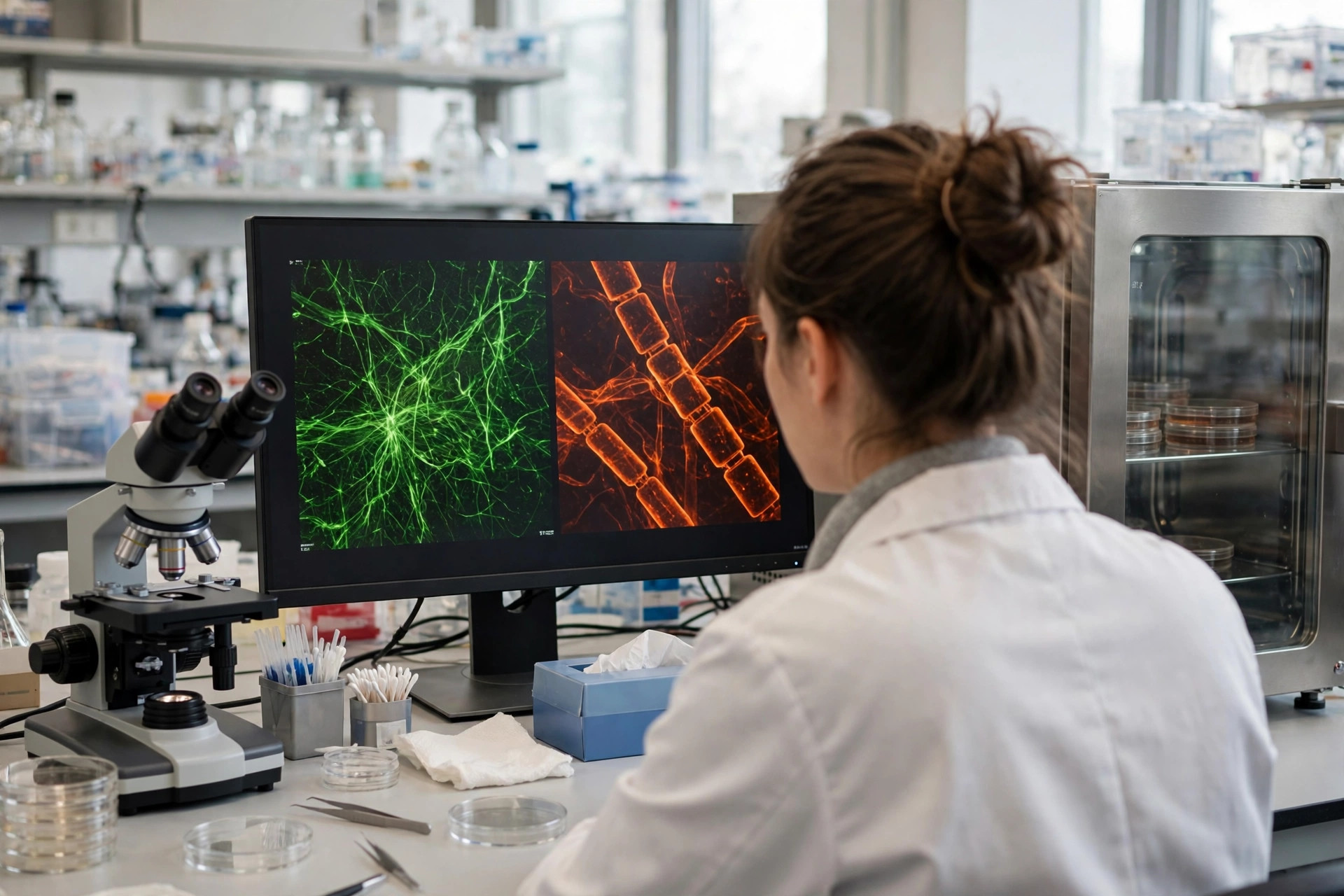 A researcher in a bright neuroscience laboratory looking at nerve fiber and myelin images on a monitor, microscope and incubator beside her (illustrative image)
