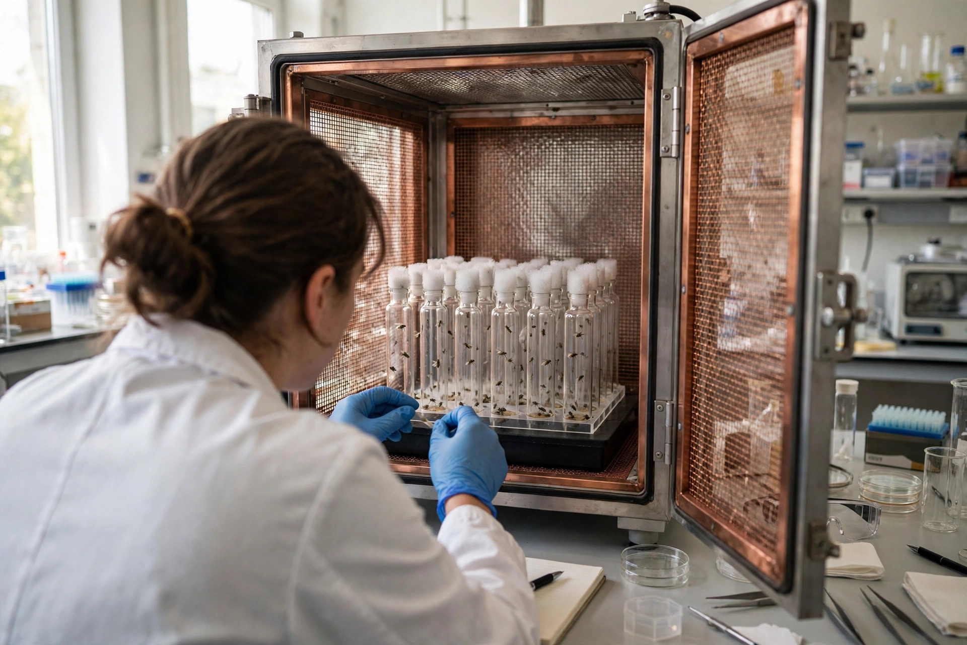 A researcher observing fruit flies in clear laboratory vials inside a shielded experimental chamber in an aging-research laboratory (illustrative image)