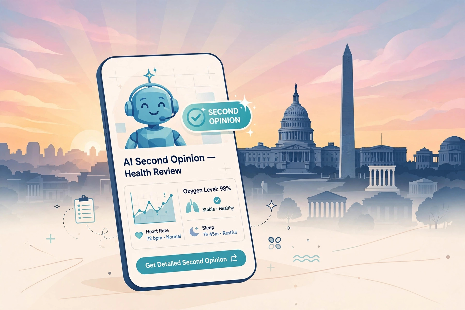 Editorial illustration of a smartphone showing a stylized health chart with an AI second-opinion badge, Washington DC skyline at dawn behind it