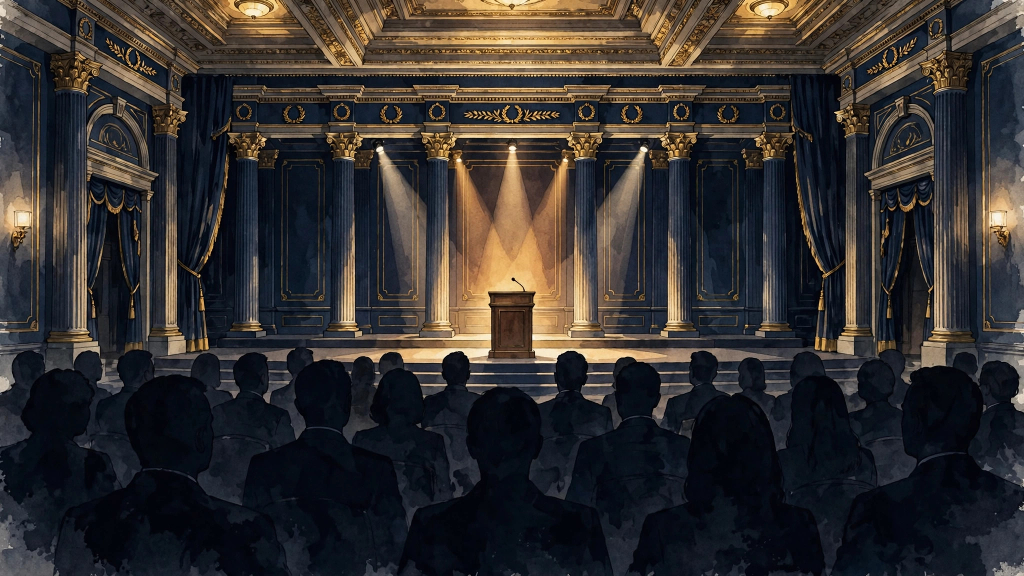 Editorial illustration of a health summit stage in a grand Washington ballroom