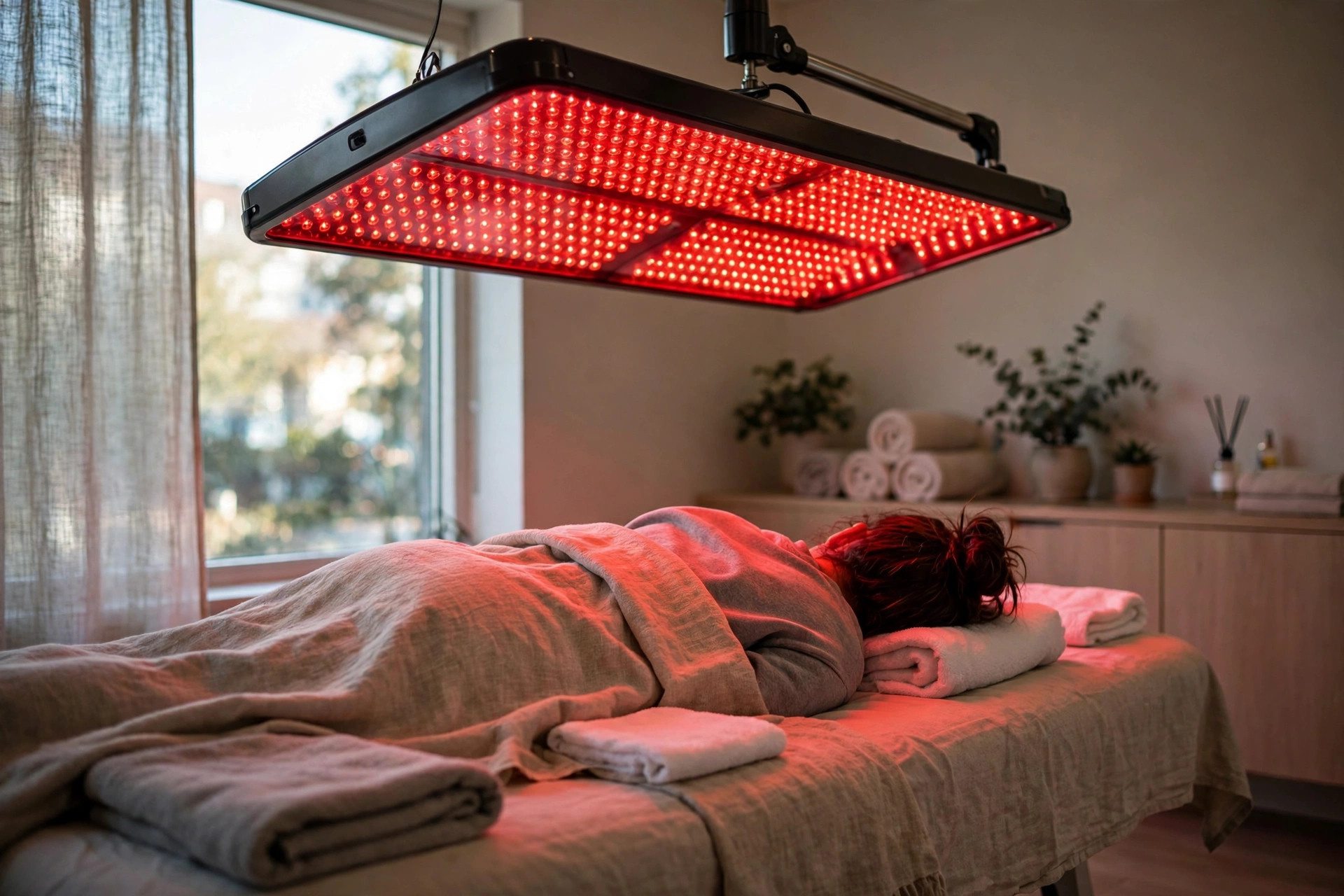 Red light therapy panel glowing over a person resting on a treatment table in a wellness clinic; illustrative only