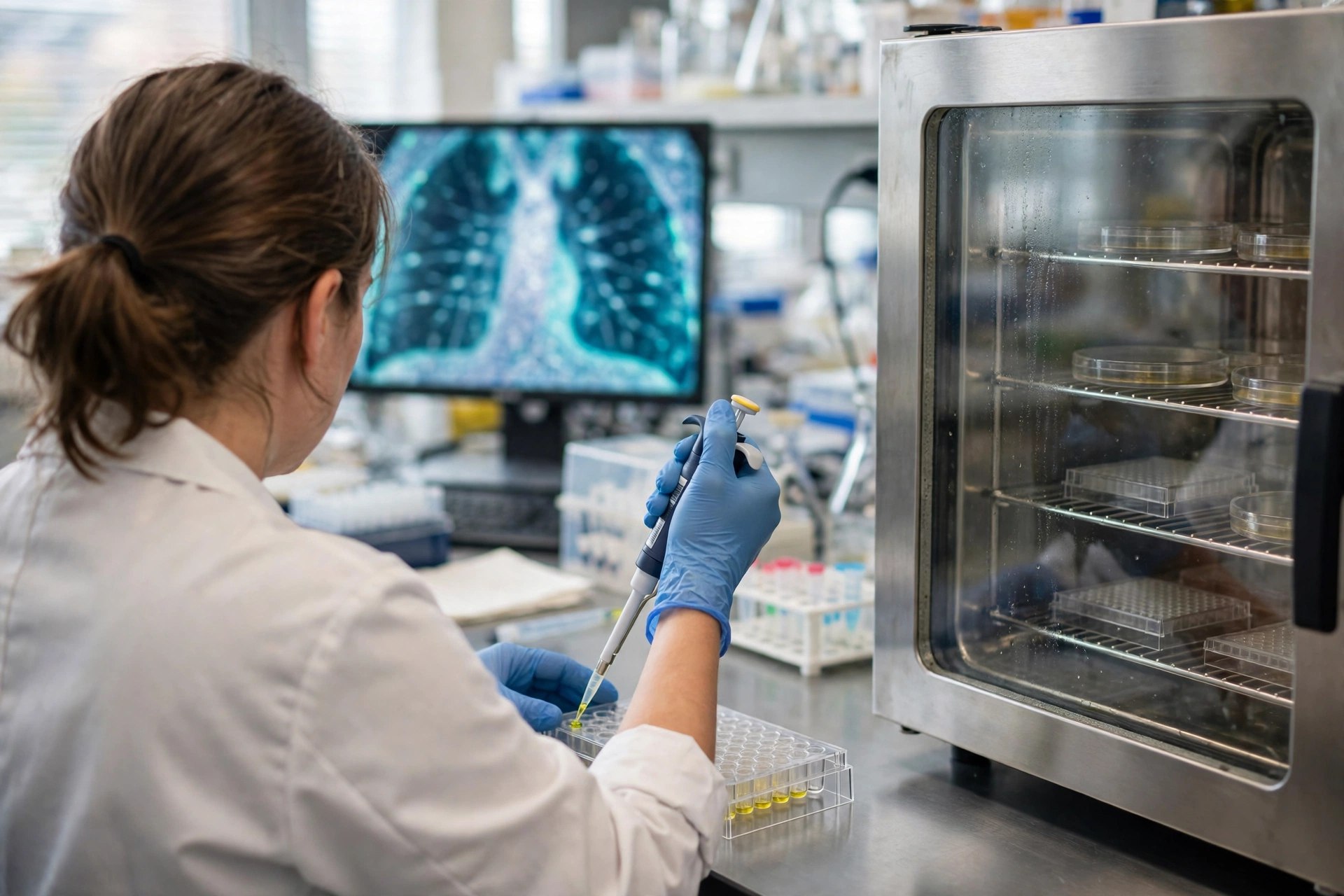 An oncology researcher in a bright laboratory pipetting into a multiwell plate beside an incubator, lung imaging softly out of focus on a monitor behind (illustrative image)