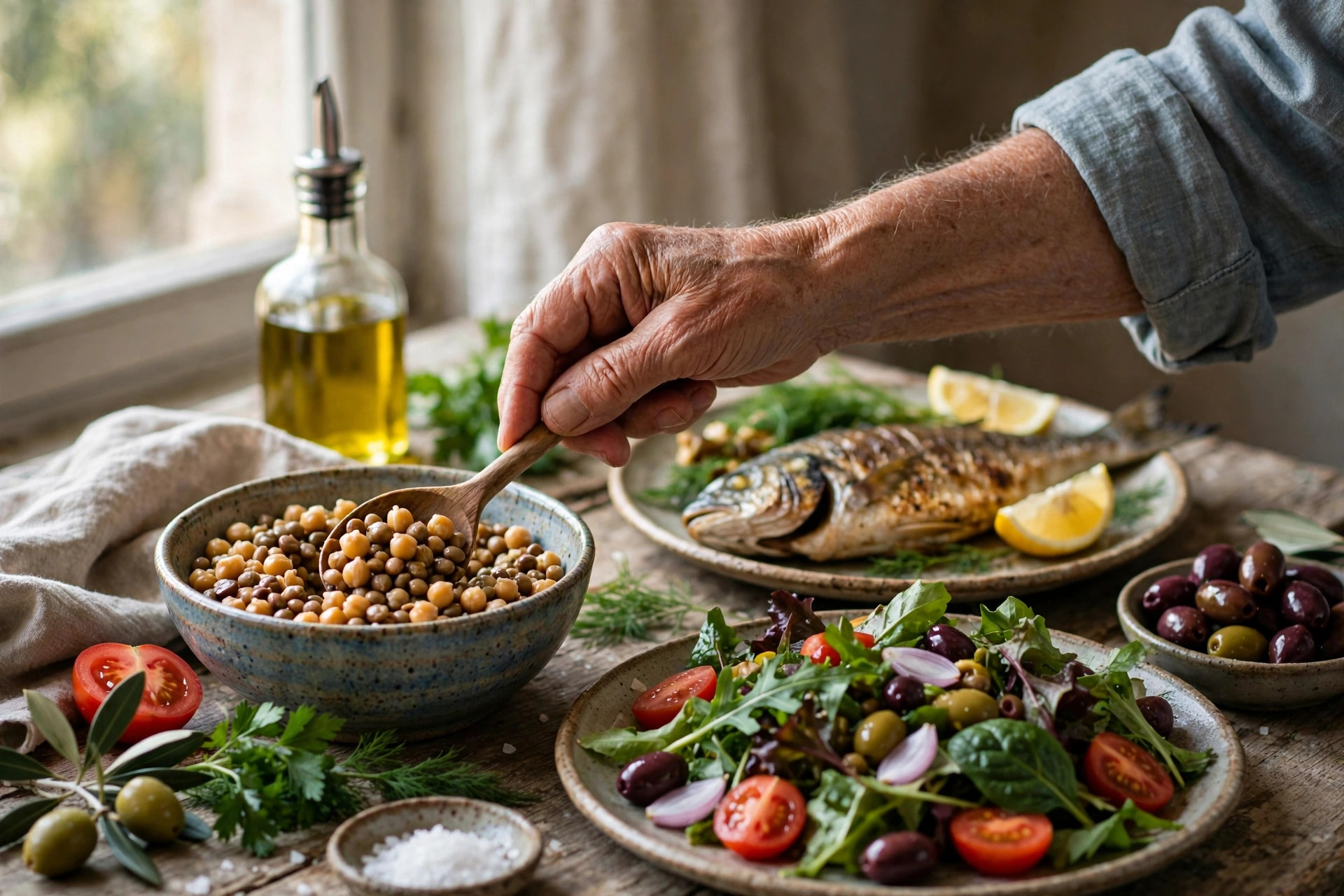 An older adult's hand serving legumes at a Mediterranean table with grilled fish, olive oil, leafy greens, tomatoes and olives in natural window light (illustrative image)