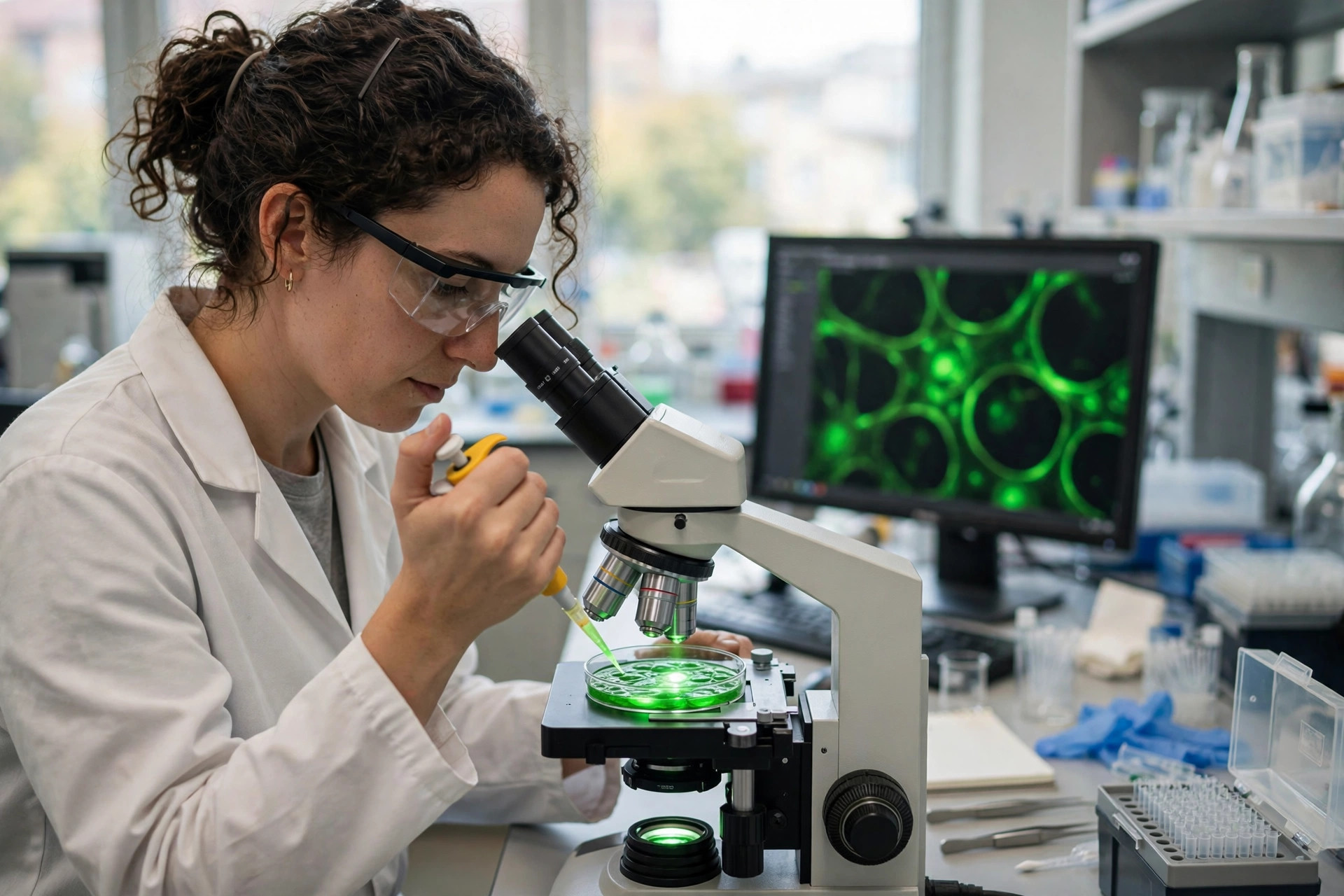 A cell biologist in a bright laboratory using a micropipette to add a sample to endothelial cells in a culture dish under a microscope, a monitor behind showing healthy cell networks (illustrative image)
