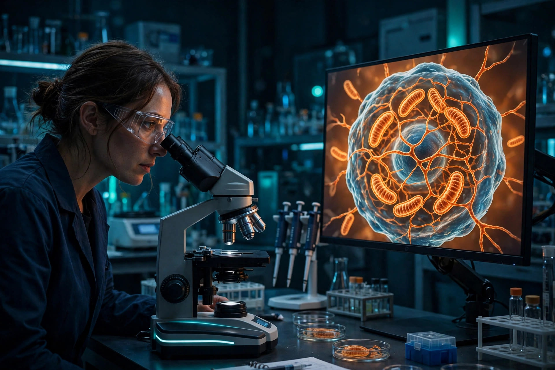 A researcher looks through a microscope at living cells in a dark laboratory, a monitor showing a glowing three-dimensional cell image beside her (illustrative photo)