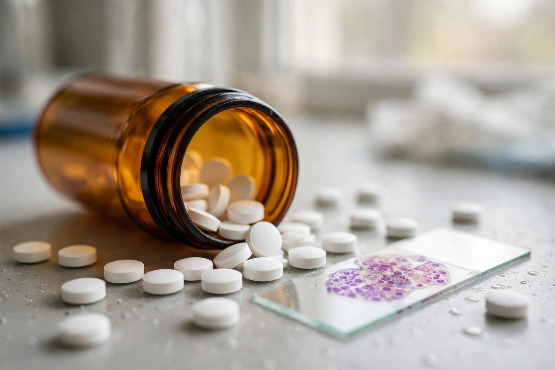 White tablets spilling from a prescription bottle beside a microscope slide with stained cells (illustrative image)