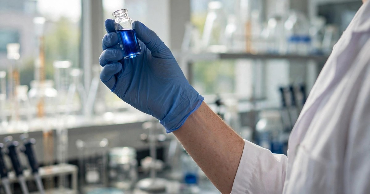 Illustrative photo: a researcher in a white coat and blue nitrile gloves holds a small vial of vivid blue liquid up to the light in a bright laboratory — methylene blue is a medical dye whose mitochondrial effects are still being studied.