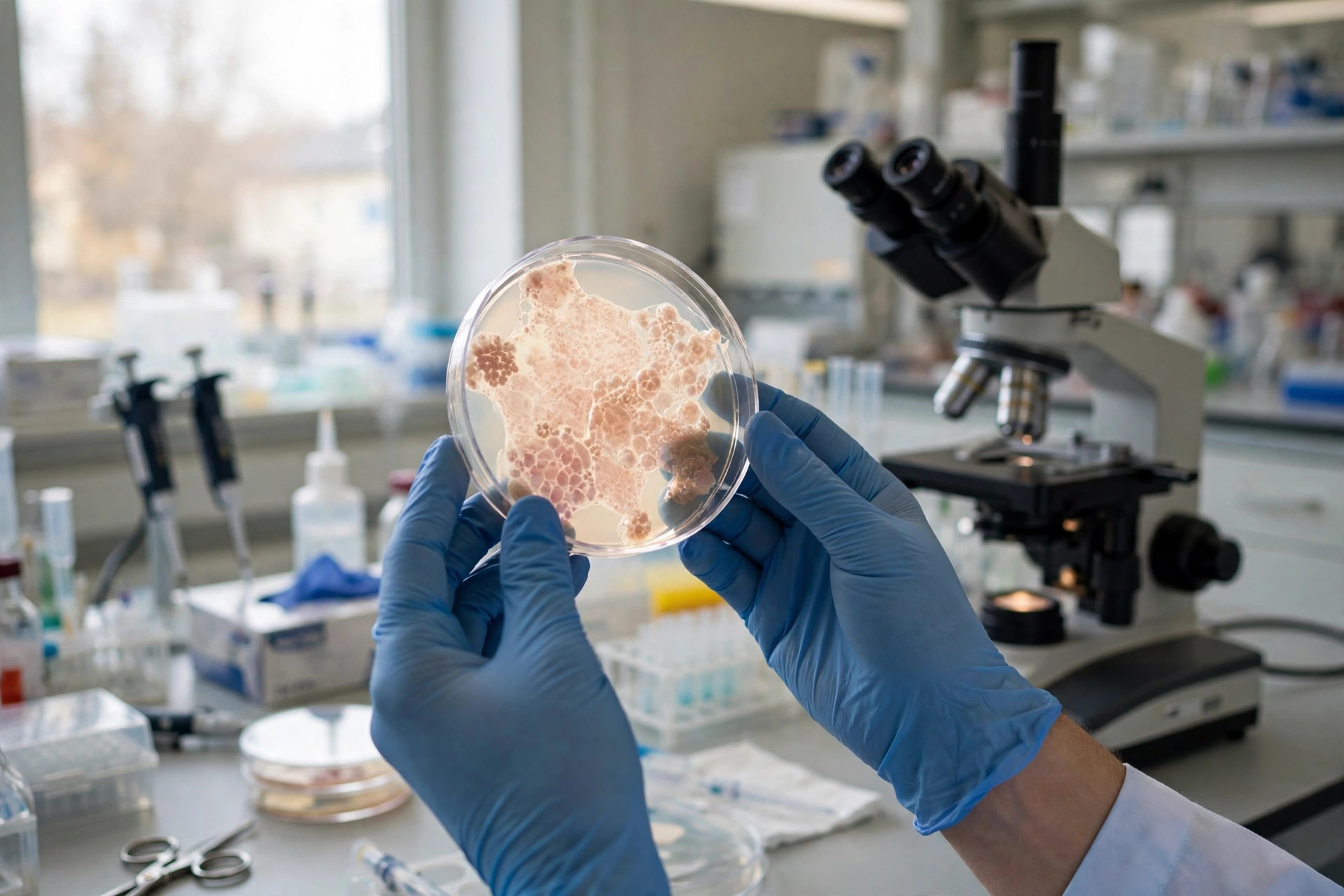 A scientist's gloved hands holding a petri dish of cultured skin cells up to the light in a bright cell-biology laboratory, microscope in background (illustrative image)