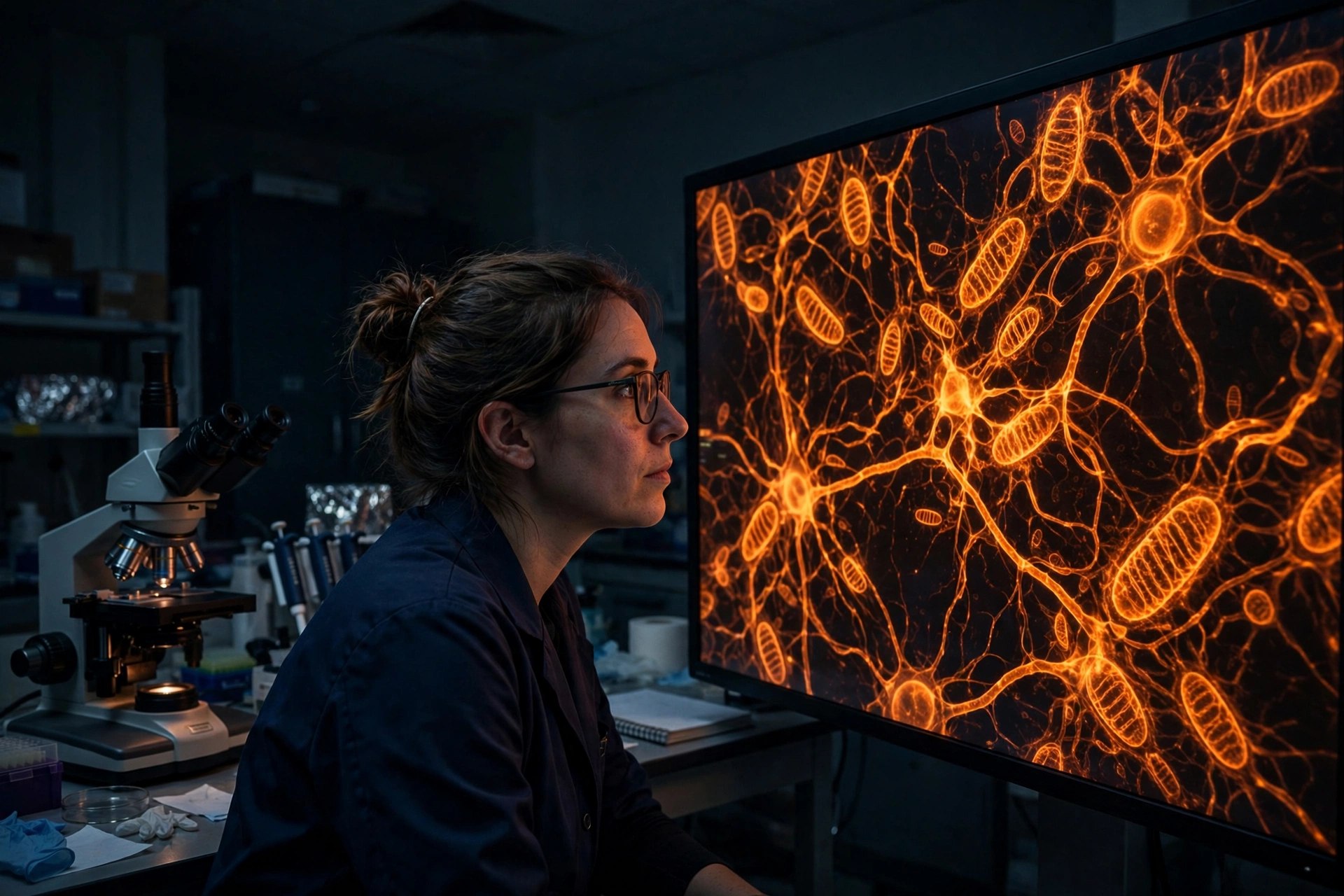 A researcher in a dark microscopy room viewing glowing orange mitochondrial networks in nerve cells on a large monitor, fluorescence microscope beside her (illustrative image)