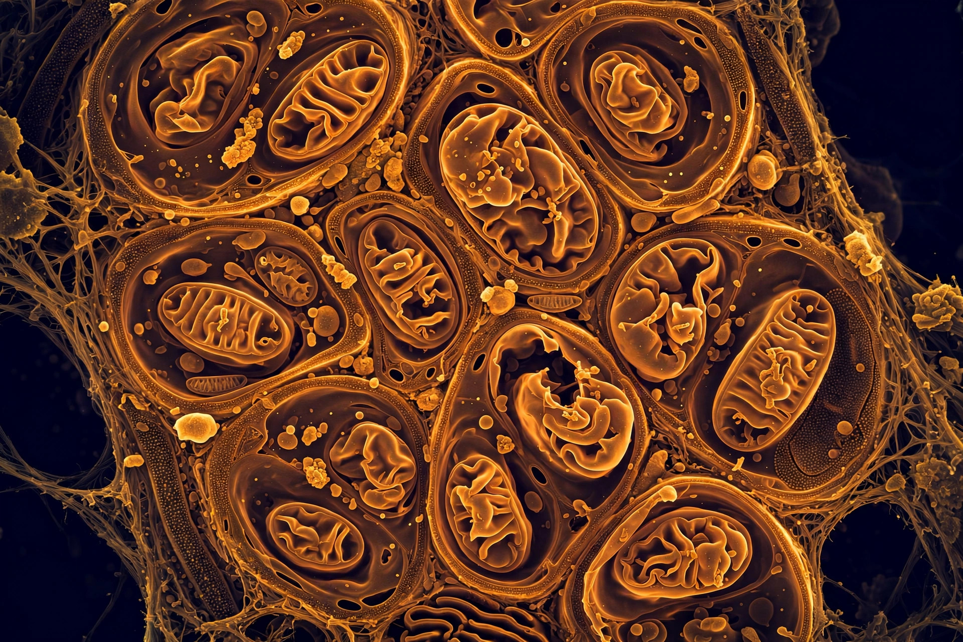 Microscopy-style image of liver cell mitochondria with disrupted inner-membrane cristae architecture, glowing gold on deep navy