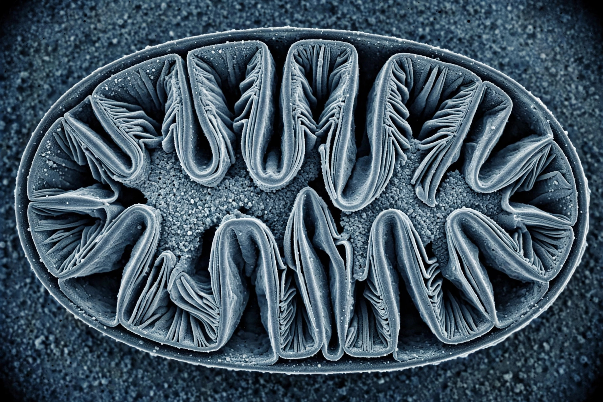 A scientific micrograph-style view of a mitochondrion's folded inner membranes (illustrative image)