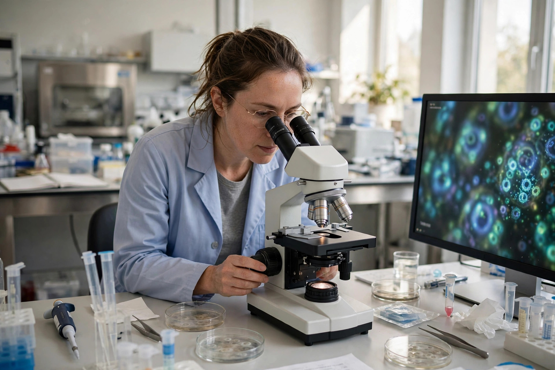 A neuroscientist in a bright laboratory looking through a microscope at brain immune cell cultures, a monitor showing blurred cell images beside her (illustrative image)