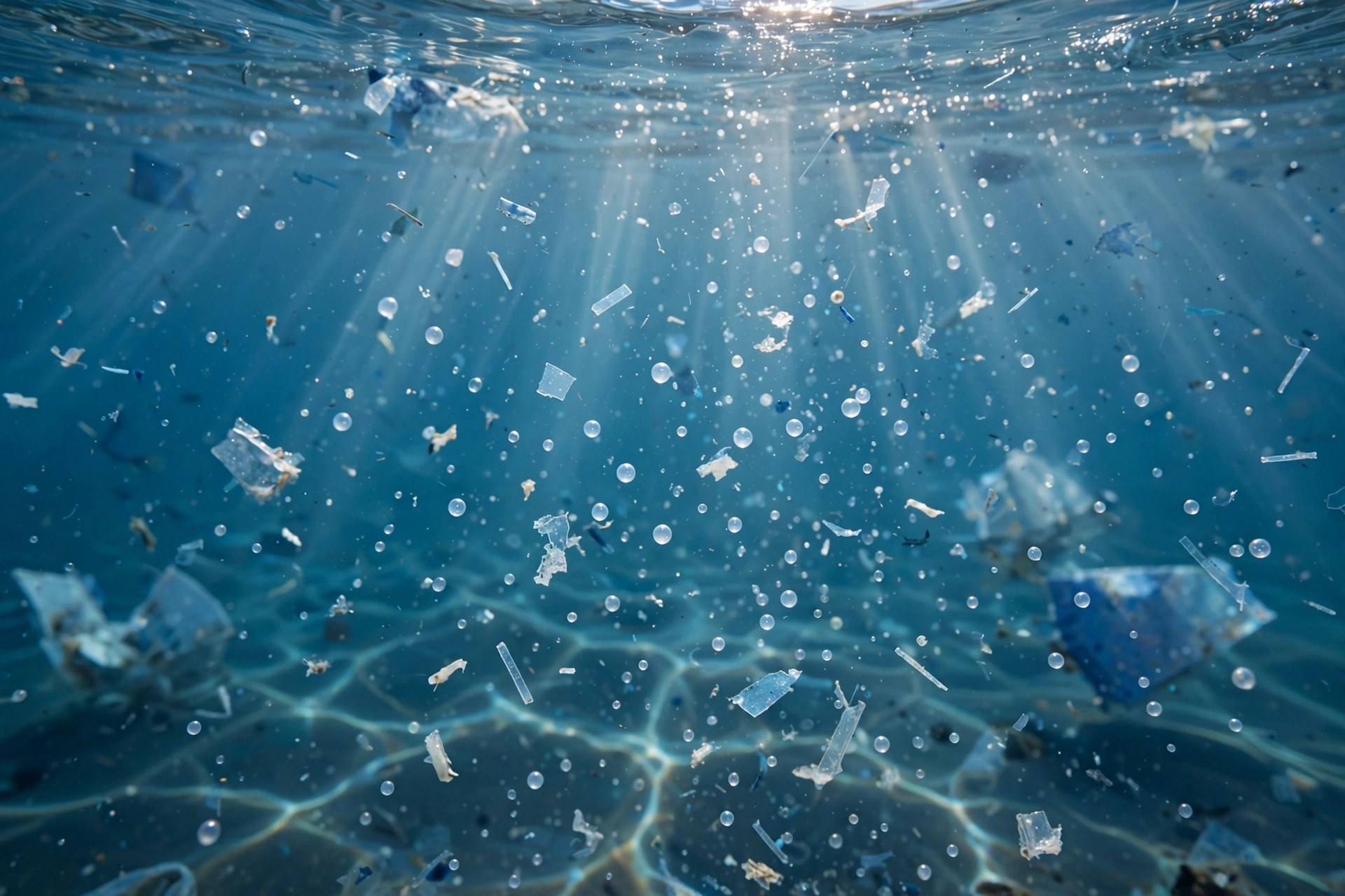 Plastic fragments drifting in sunlit ocean water (illustrative photo)