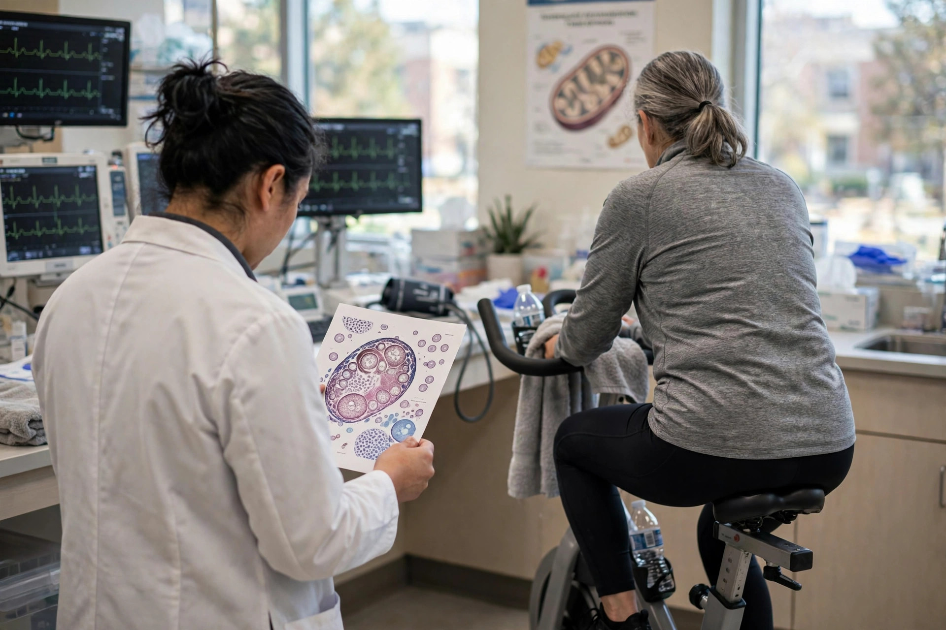 A clinician-researcher in a bright university diabetes clinic reviewing results beside an older adult volunteer after an exercise test (illustrative image)