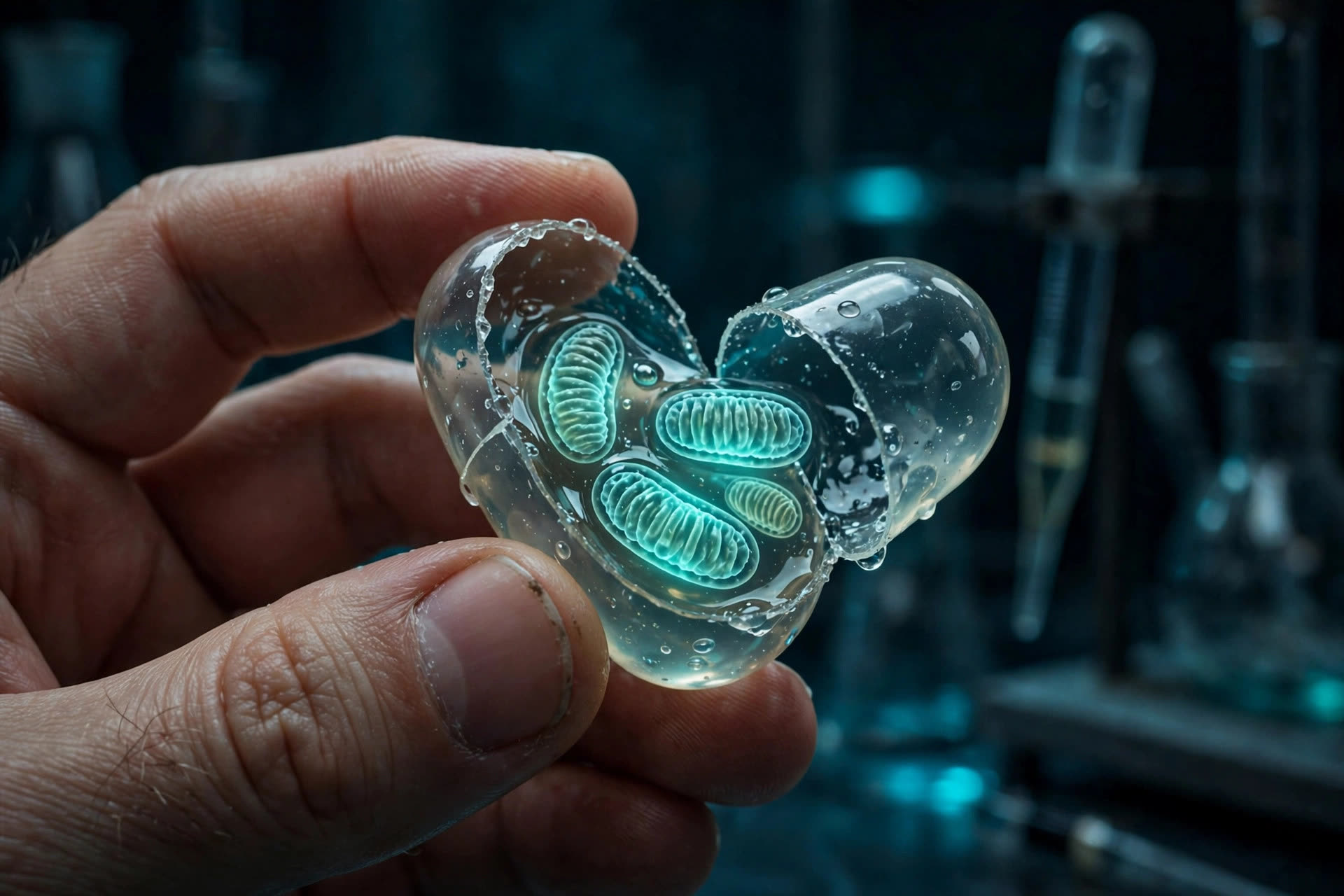 A hand holding a translucent capsule split open with glowing mitochondria inside (illustrative photo)