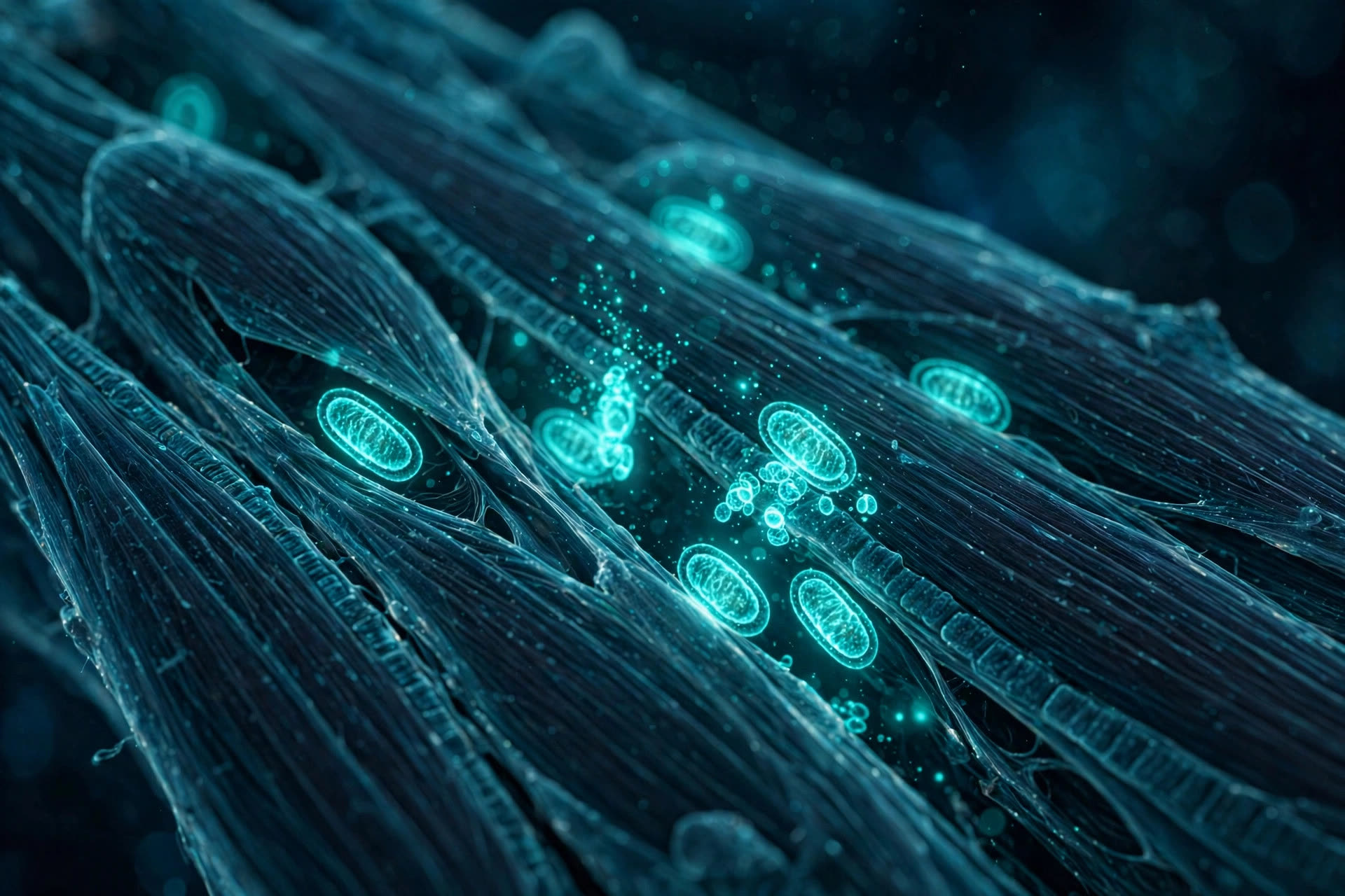 Glowing mitochondria being delivered into heart muscle tissue in a microscopy-style visualization (illustrative image)