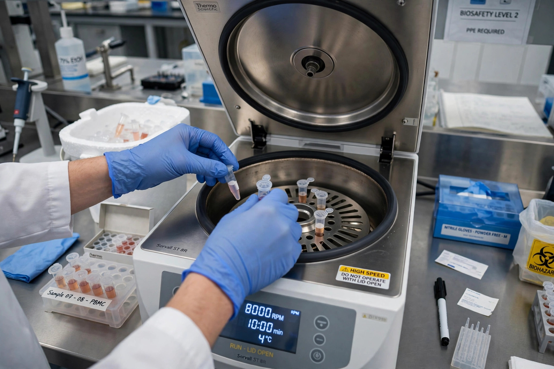 A researcher's gloved hands loading sample tubes into a centrifuge in a bioprocessing laboratory (illustrative image)