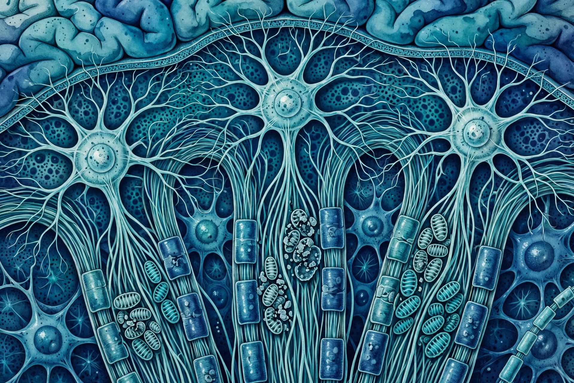 Editorial illustration of neurons with clusters of damaged mitochondria inside nerve fibers