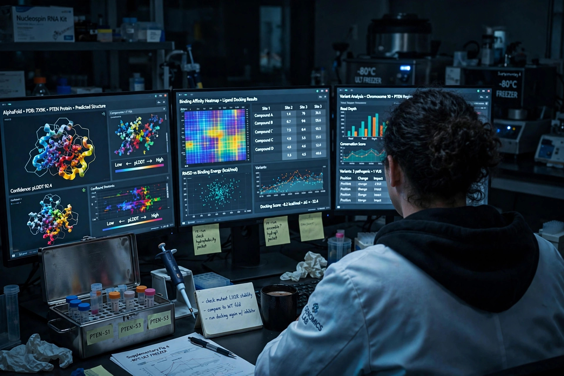 A researcher reviewing colorful protein-structure maps on laboratory monitors (illustrative image)