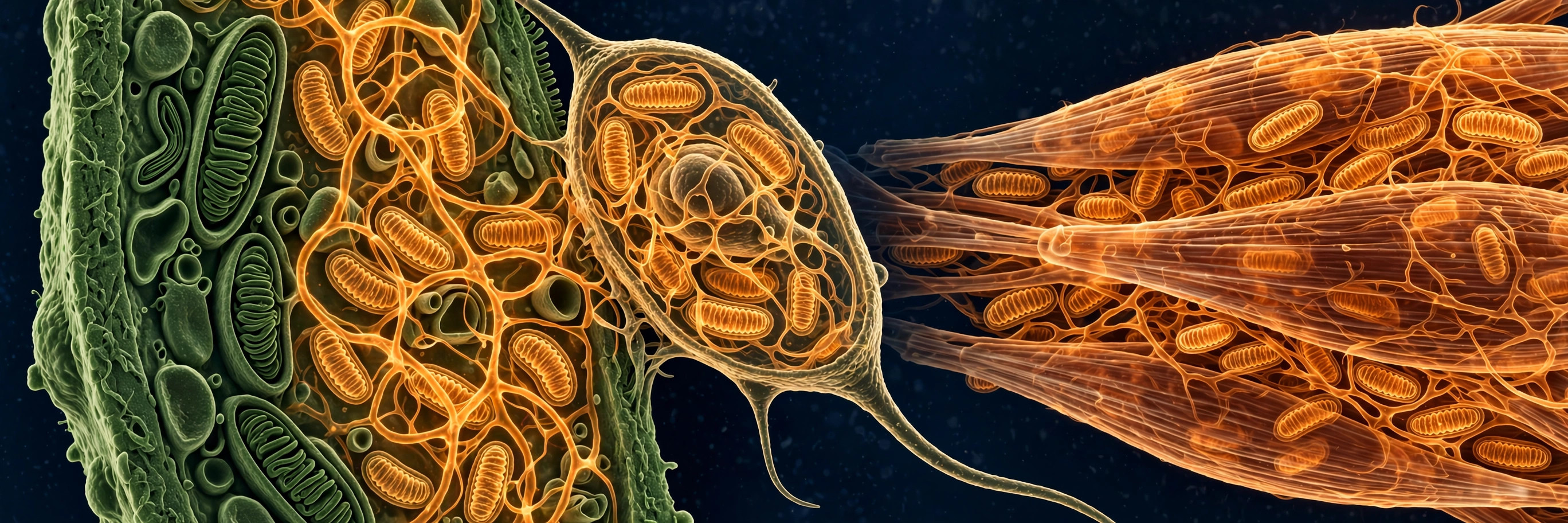 Microscopy-style montage of glowing mitochondrial networks inside cells from different organisms: a green plant leaf cell, a single-celled parasite, and human muscle fibers