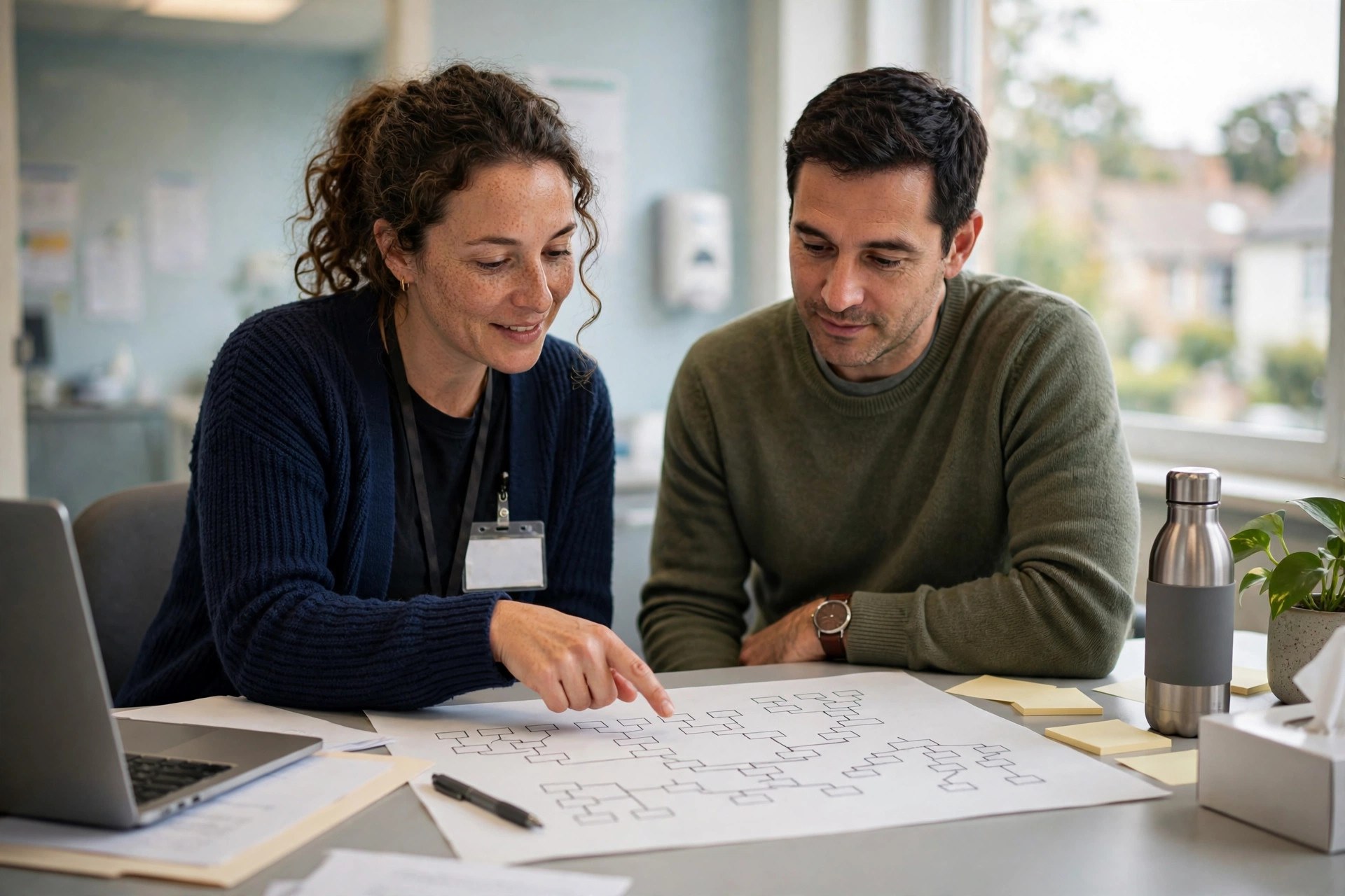 A genetic counselor and an adult patient reviewing a family health chart together at a bright clinic desk (illustrative image)