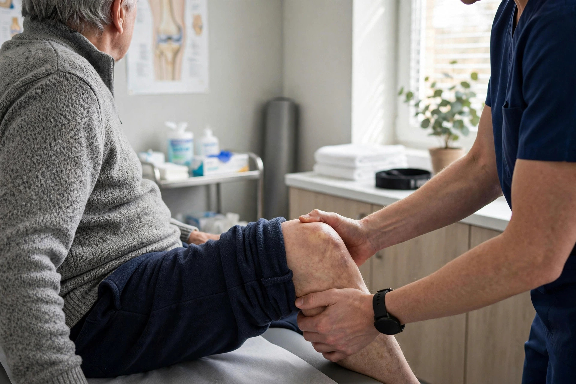 An older adult receiving a knee assessment from a physical therapist in a bright orthopedic clinic (illustrative image)
