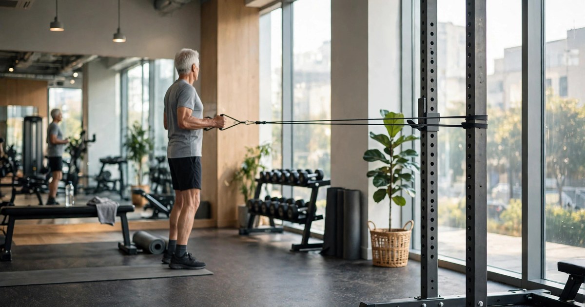 Illustrative photo: a fit older adult with silver hair does resistance-band training in a bright, window-lined gym — exercise training is the best-established way to restore mitochondrial capacity lost with age.