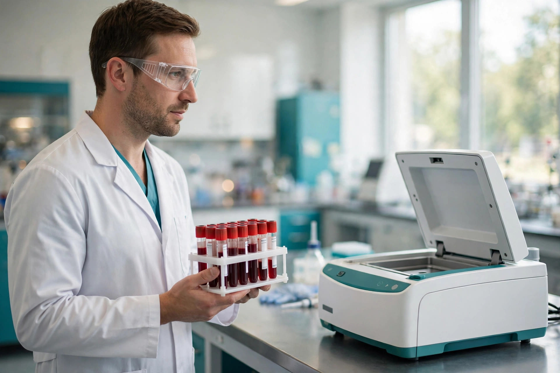 A laboratory scientist in a bright clinical laboratory holds a rack of blood sample tubes beside a benchtop analyser (illustrative photo)
