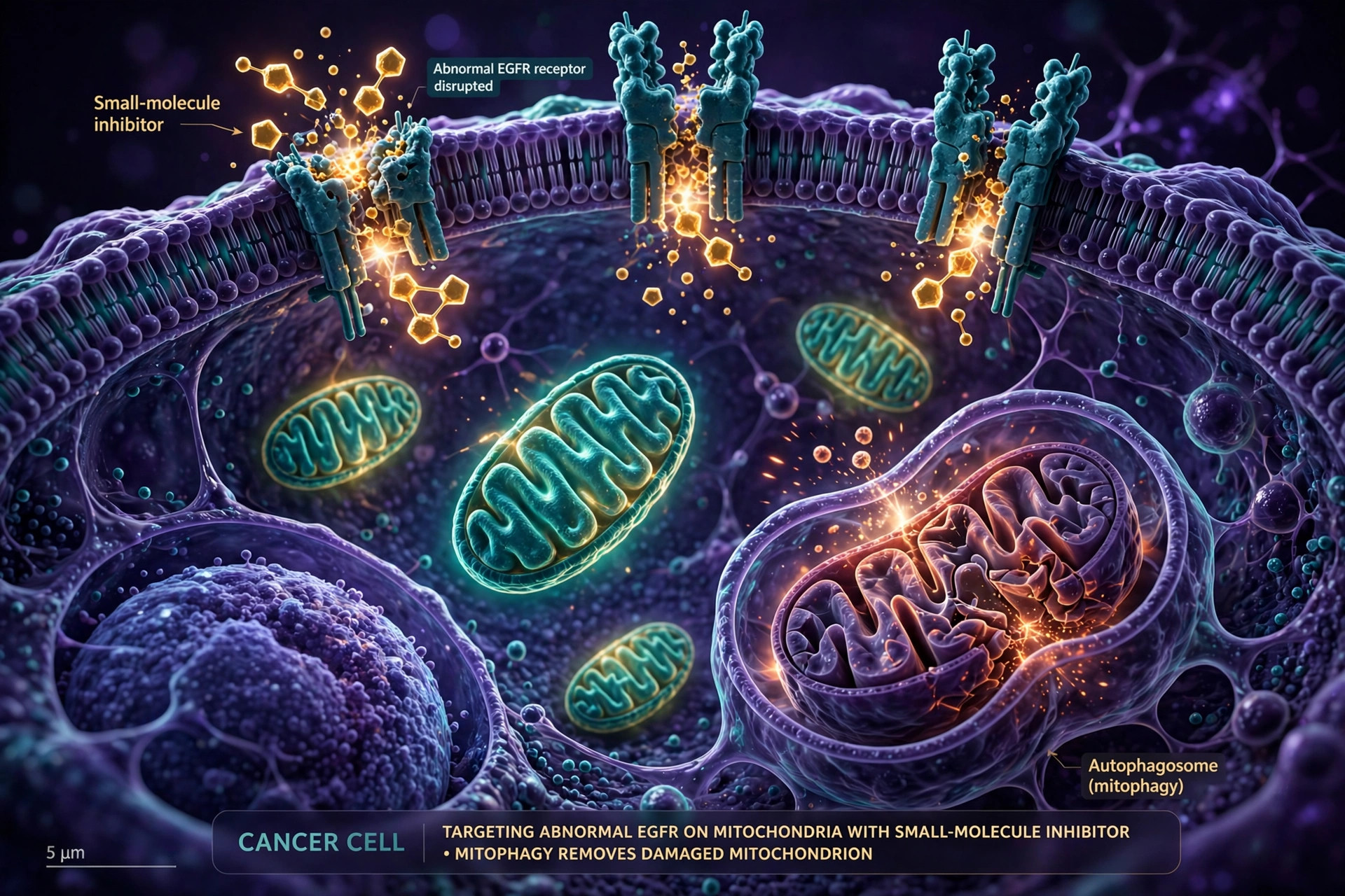 Editorial 3D illustration of a cancer cell with inhibitor particles disrupting EGFR receptors on mitochondria and one mitochondrion undergoing mitophagy