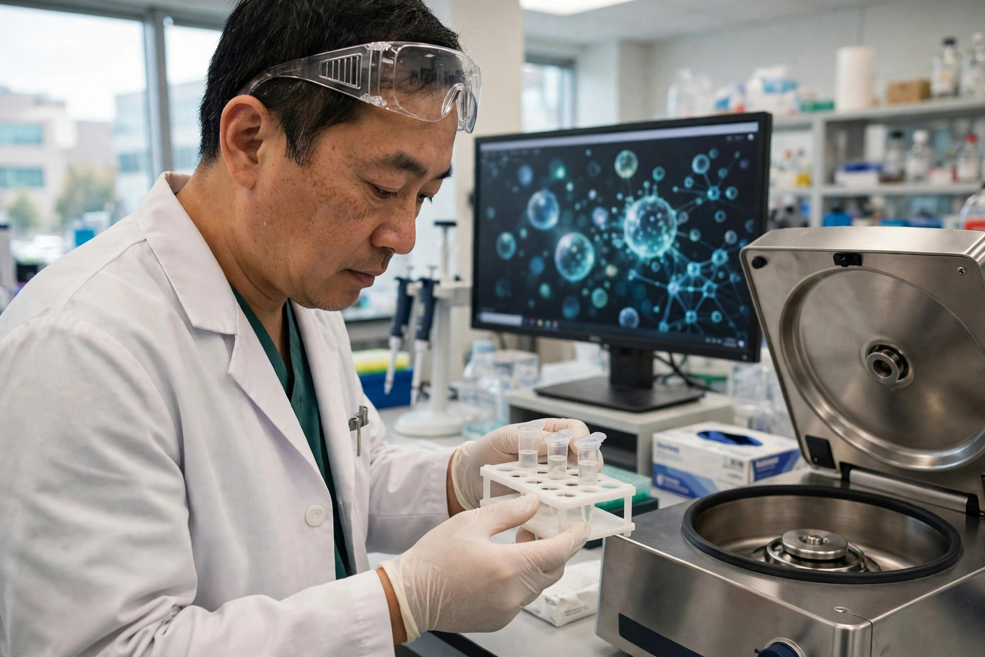 An intensive-care researcher in a bright hospital laboratory examining small extracellular-vesicle sample tubes beside a centrifuge, a monitor behind showing abstract glowing vesicle particles (illustrative image)