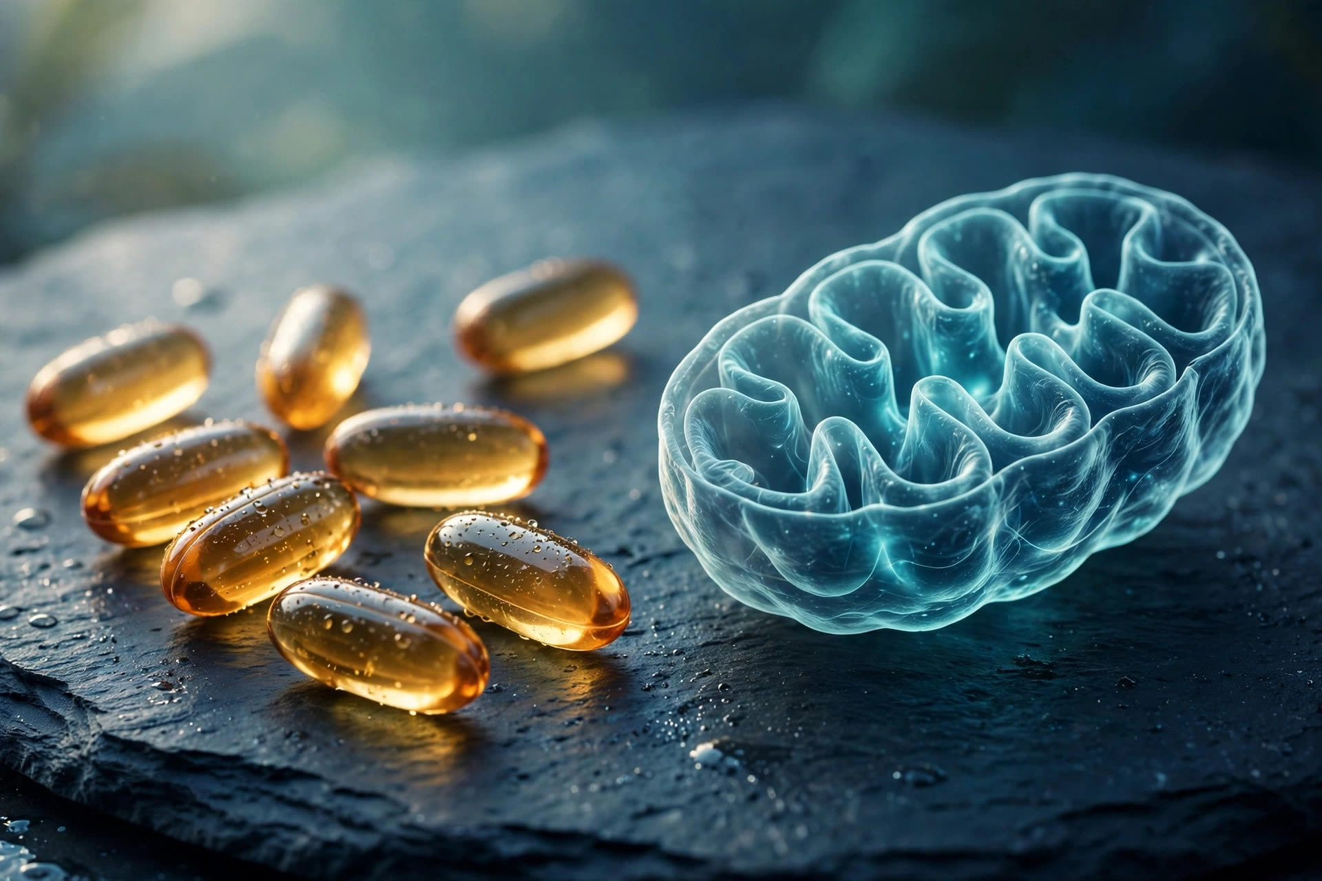 Amber softgel capsules beside a glowing mitochondrion visualization (illustrative photo)