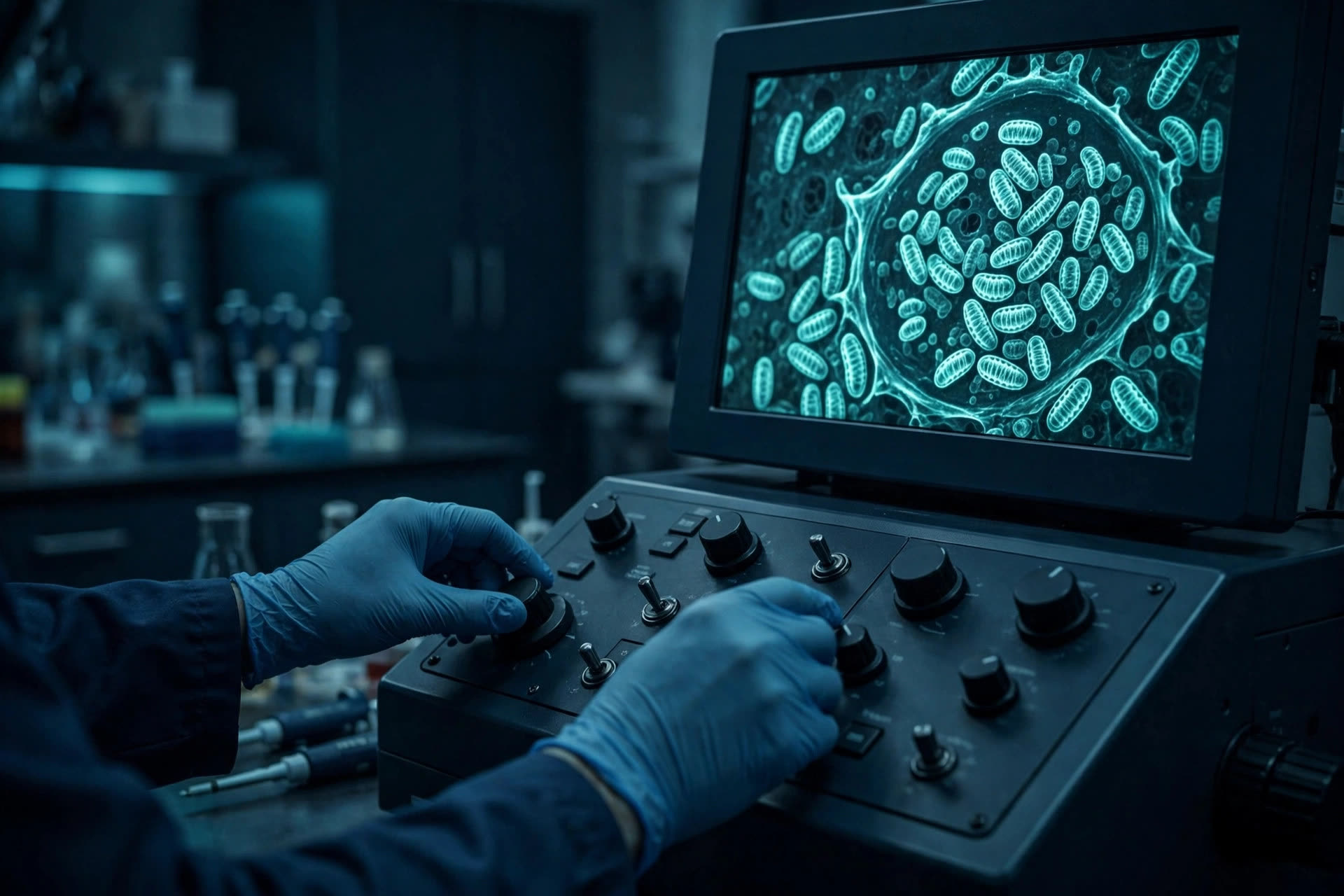 A scientist’s gloved hands at an electron microscope console showing a liver-cell micrograph with dense mitochondria (illustrative photo)