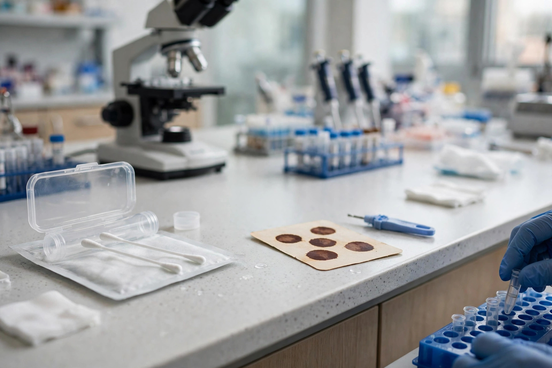 A clinical laboratory bench with a buccal cheek swab kit and a dried blood spot collection card with a lancet side by side, a microscope and sample racks behind, a gloved technician's hands placing a sample tube into a rack (illustrative image)