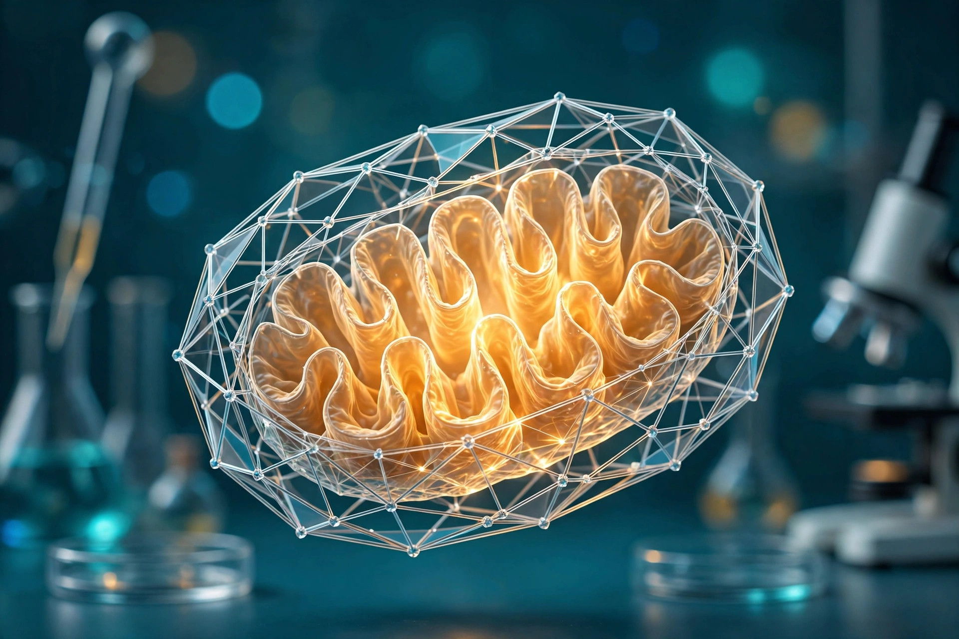 Editorial 3D illustration of a mitochondrion wrapped in a delicate crystalline lattice coating, its inner folds glowing with energy