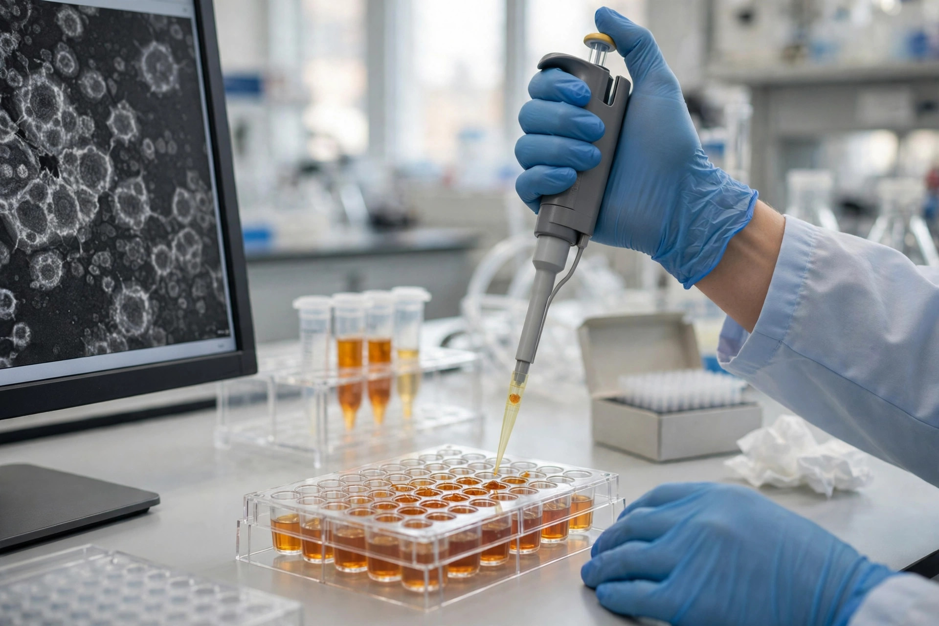 Gloved hands pipetting an amber nanoparticle suspension into a multiwell plate in a bright laboratory, a monitor showing cell images beside (illustrative image)