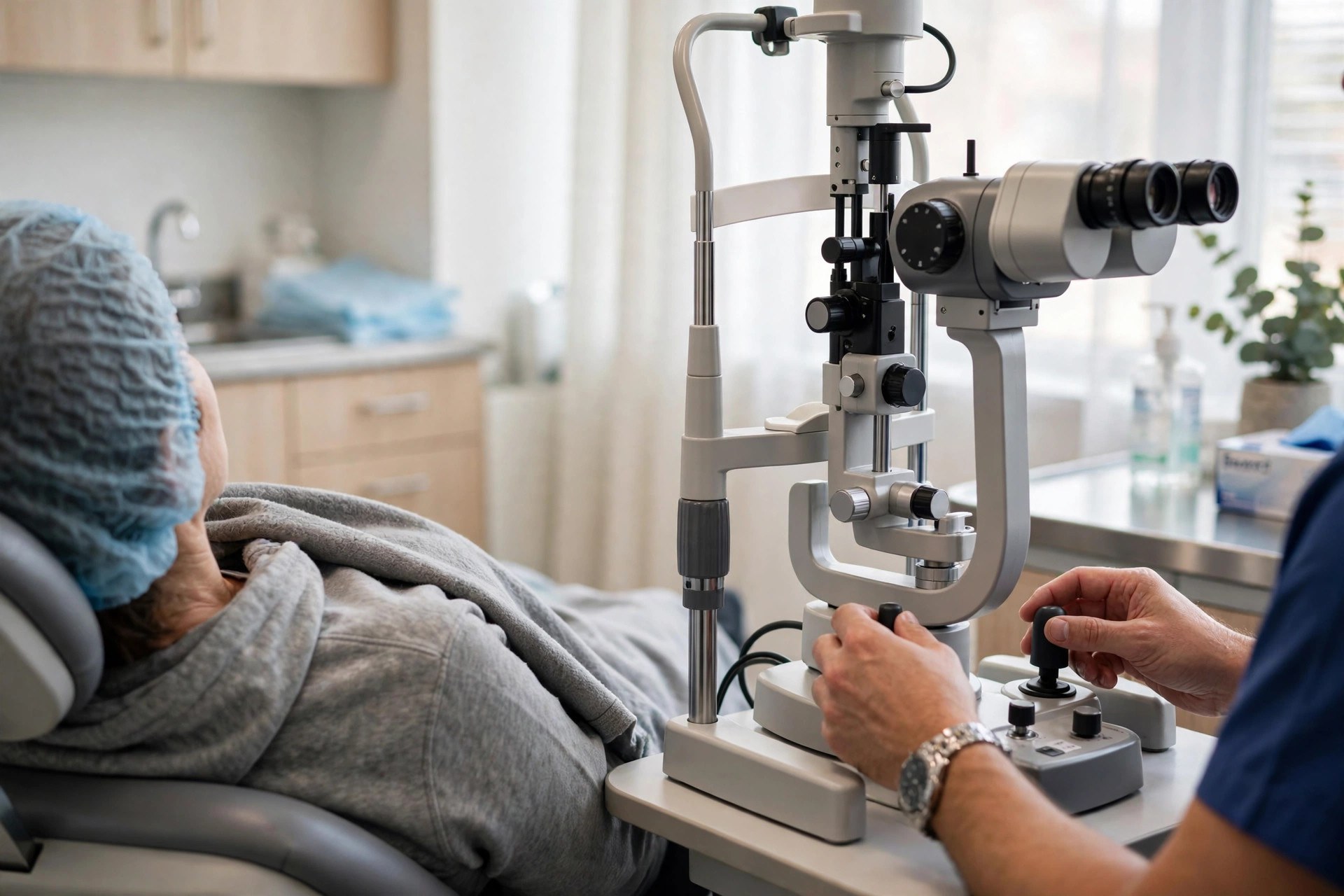 An ophthalmic imaging device beside a reclined patient in a bright eye clinic, with a clinician's hands adjusting the instrument (illustrative image)