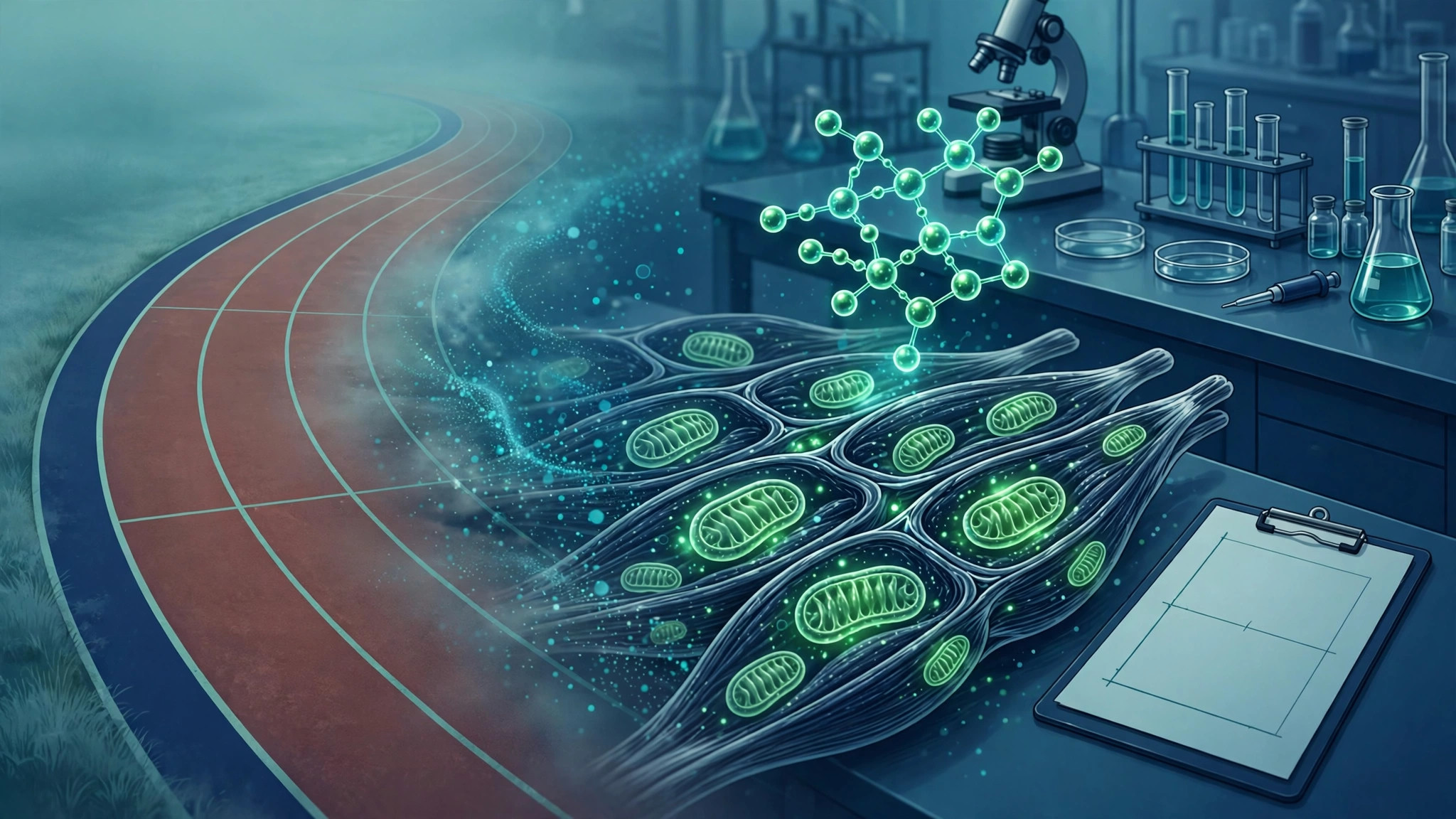 Editorial illustration of a clinical trial concept: a running track fading into a lab with a peptide molecule above muscle cells